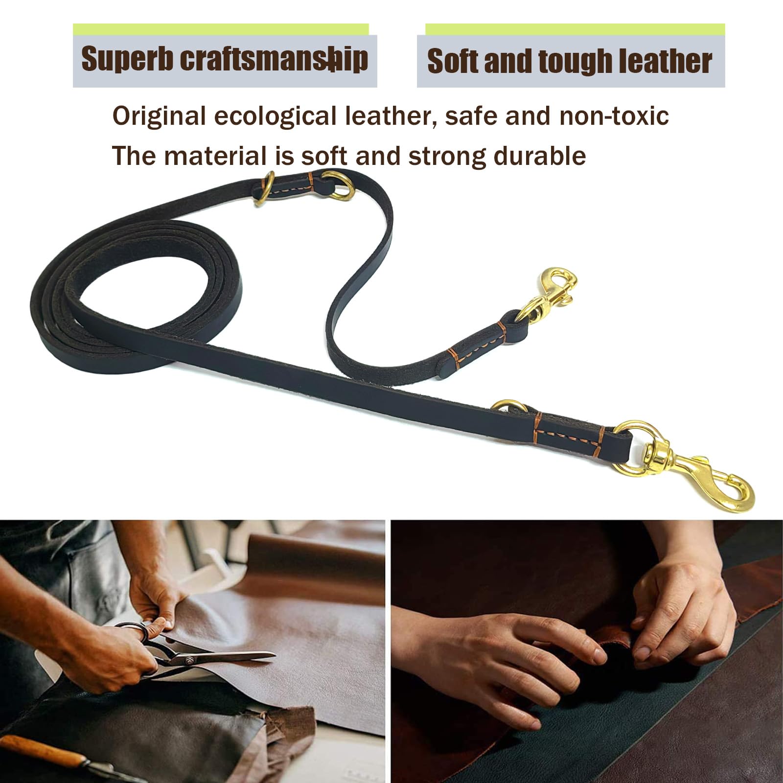 Lwbmg Multi Function Leather Dog Leash - 8Ft Hands Free Double Ended Training Leash For Medium Large Dogs - Black