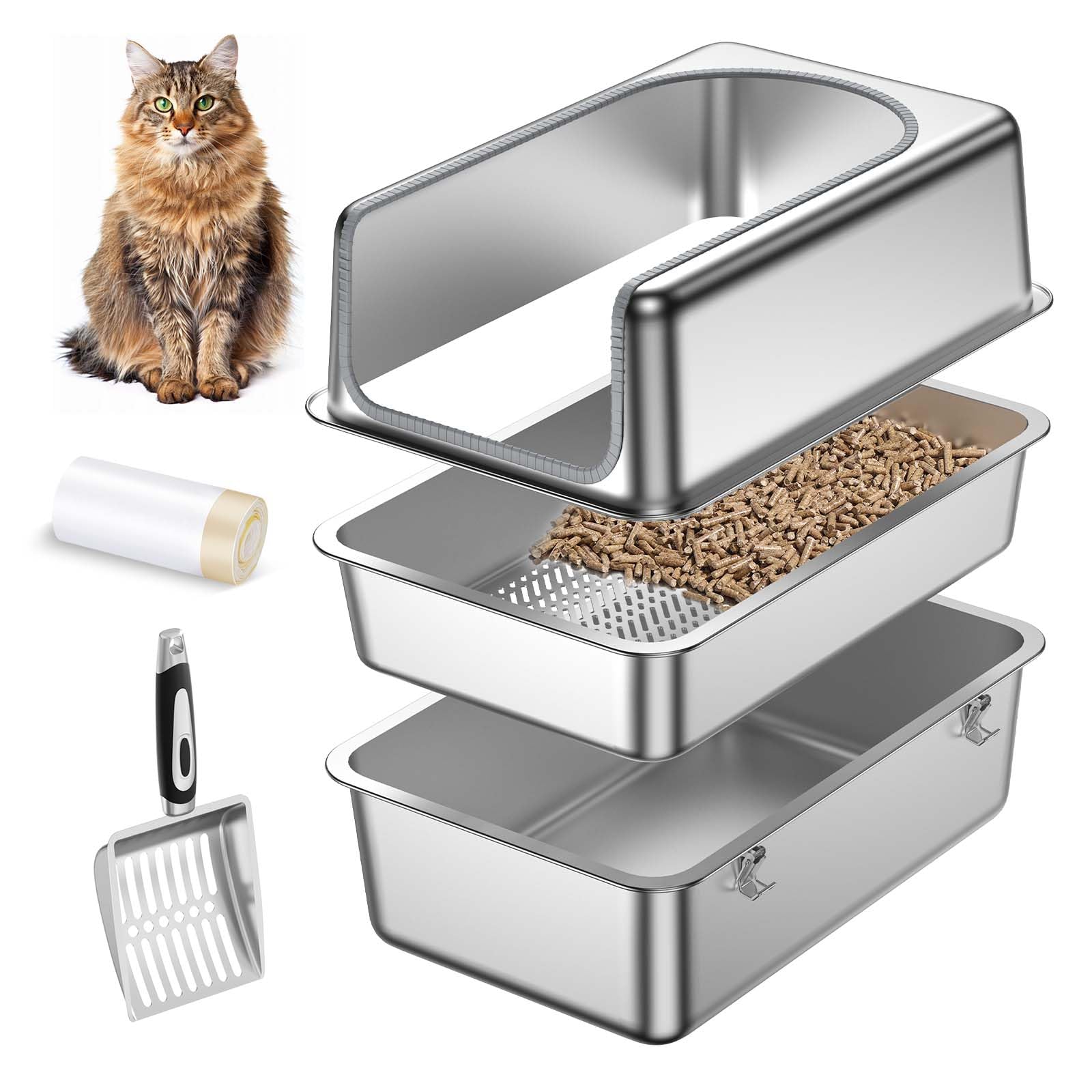 All Stainless Steel Sifting Litter Box for Pine Pellets,Sifting Cat Litter Box with Lid,High Sides Metal Sifter Litter Pan Syste