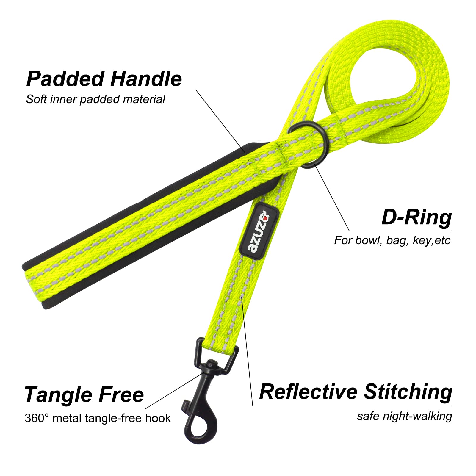 Zuza Dog Collar And Leash Set, Durable Padded & Reflective Strip, Super Comfy For Medium Dogs, Fluorescent Yellow
