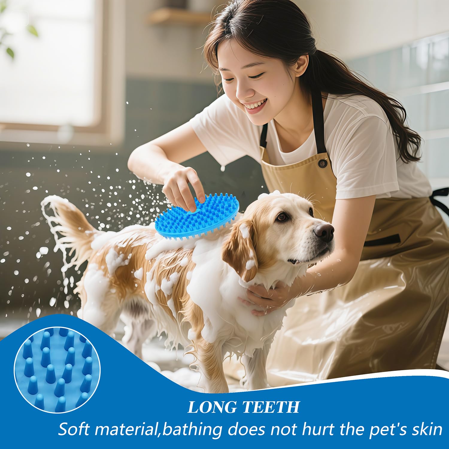 Dog Grooming Brush, Lilpep Pet Shampoo Bath Brush Soothing Massage Rubber Comb With Adjustable Ring Handle For Long Short Haired