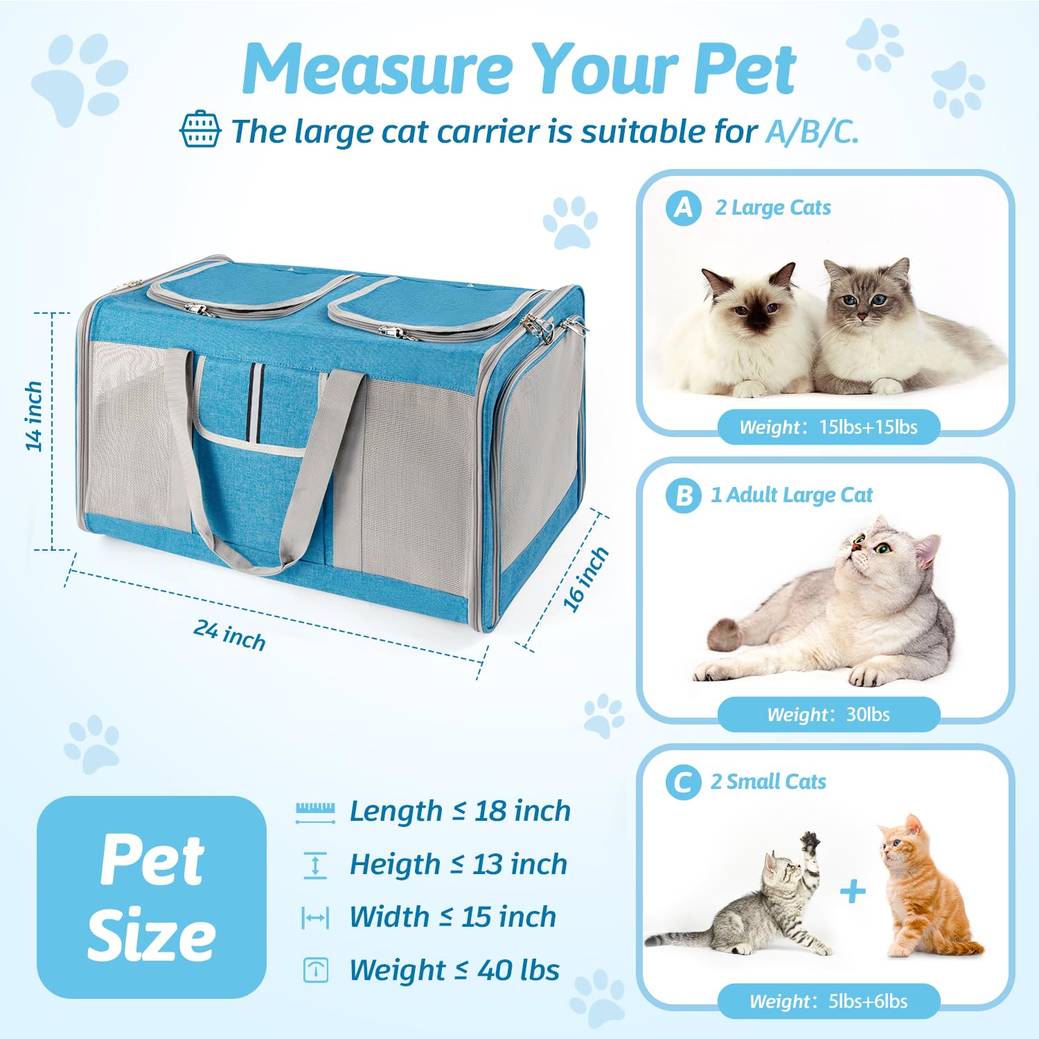 Sedioso Large Cat Carrier for 2 Cats, 24x 14x 16in Pet Carrier for Cat and Dog Up to 40lbs, All-Sided Mesh Large Cat Carrier wit