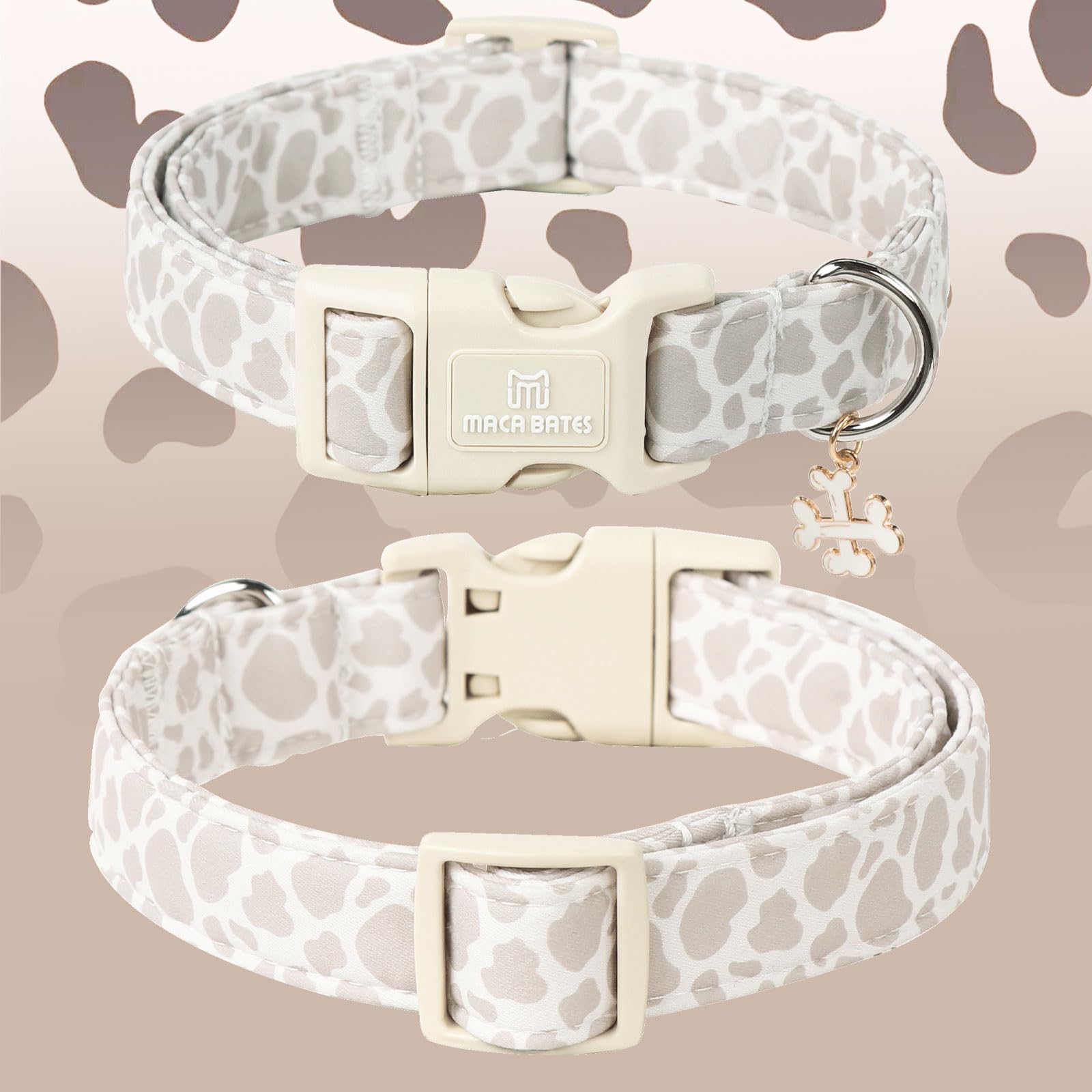 Maca Bates Beige Leopard Dog Collar Cow Print Puppy Collars Durable Comfortable Adjustable Birthday Gift For Xs Small Medium Lar