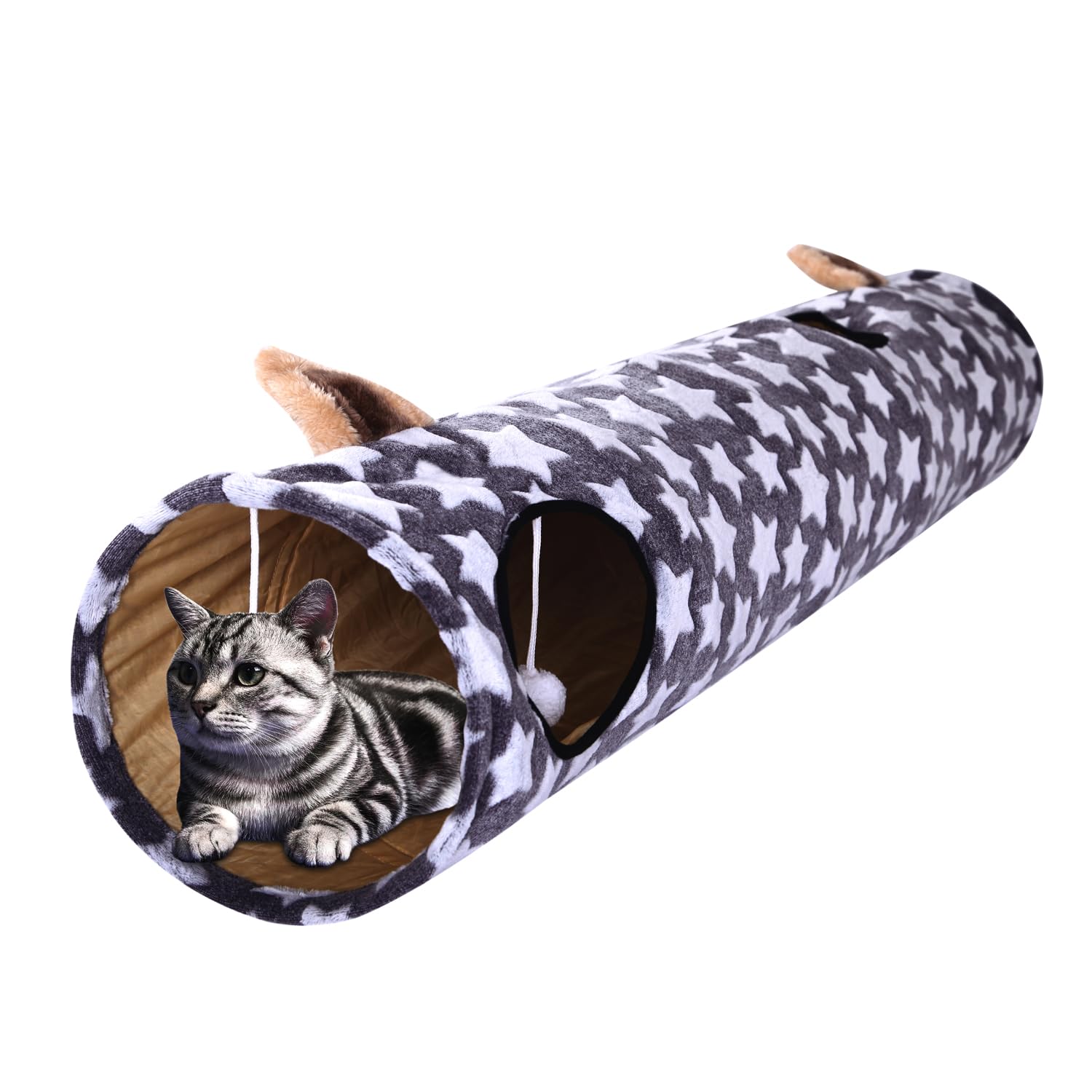 Luckitty Cat Tunnel -Straight-Shaped, Gray Star Pattern, Soft Velvet Exterior, Oxford Fabric Fog-Proof Interior, Plush Toy Ball,