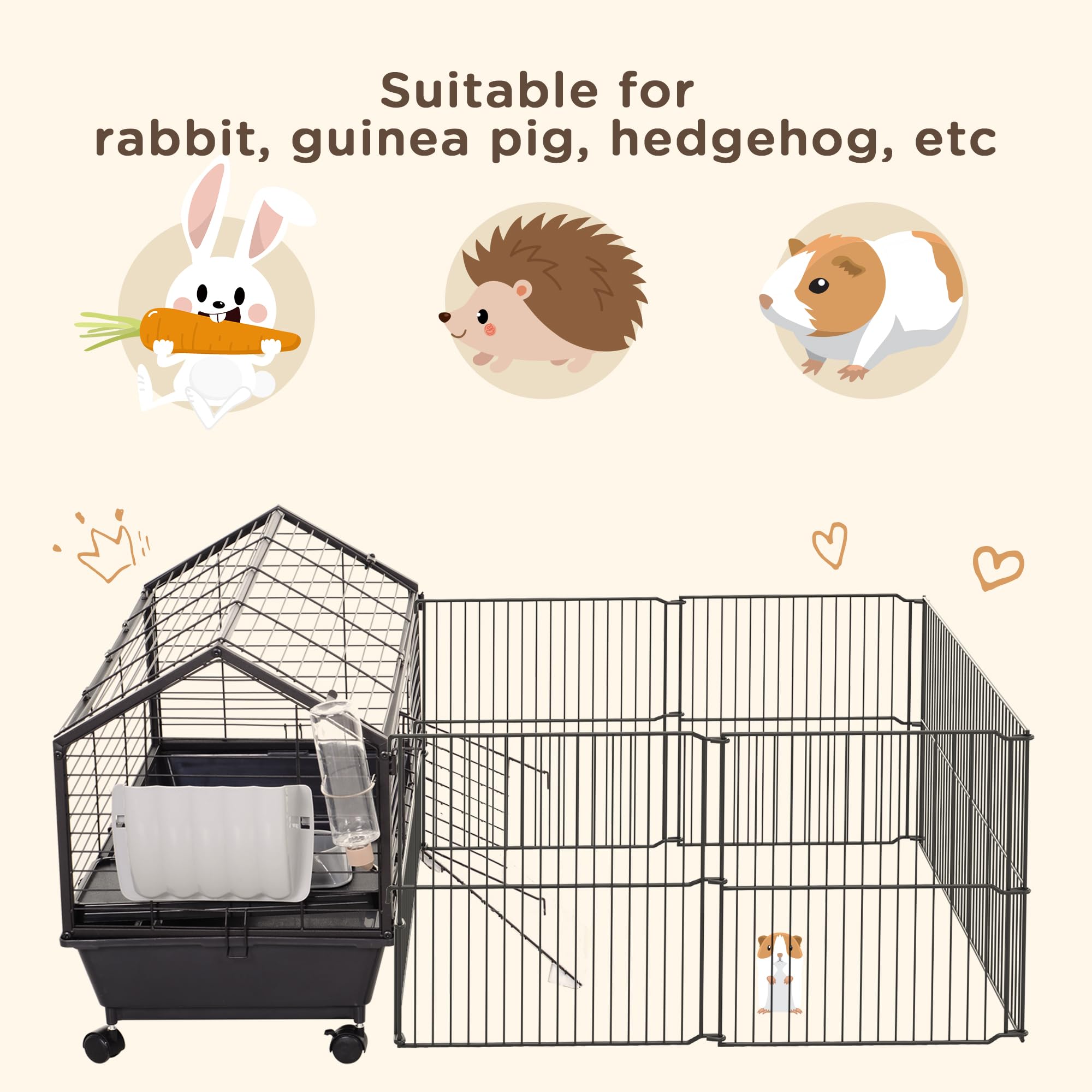 Pawhut Small Animal Cage With Foldable Run Area, Rolling Bunny Cage, Guinea Pig Cage, Hedgehog Cage With Water Bottle, Water Bowl, And Ramps, 35' L
