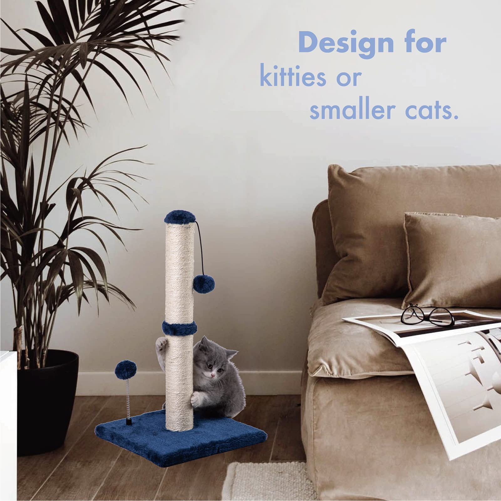 Mecool Cat Scratching Post Premium Basics Kitten Scratcher Sisal Scratch Posts With Hanging Ball 22 In For Kittens Or Smaller Cats (22 Inches For Kitten, Navy)