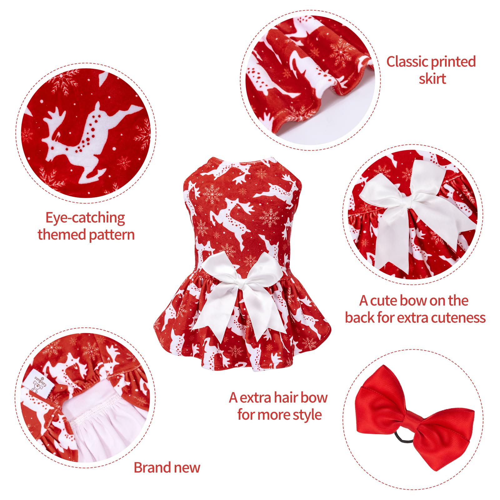 Cutebone Dog Christmas Dresses Outfit Velvet Holiday Small Dogs Clothes Onesie Pet Apparel Girl Puppy Skirt With Bow Hair Rope C
