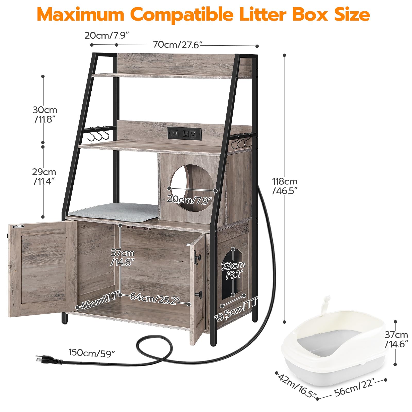 Hoobro Litter Box Enclosure With 2 Storage Shelves, Tall Litter Box Furniture Hidden With Charging Station, Indoor Cat Furniture