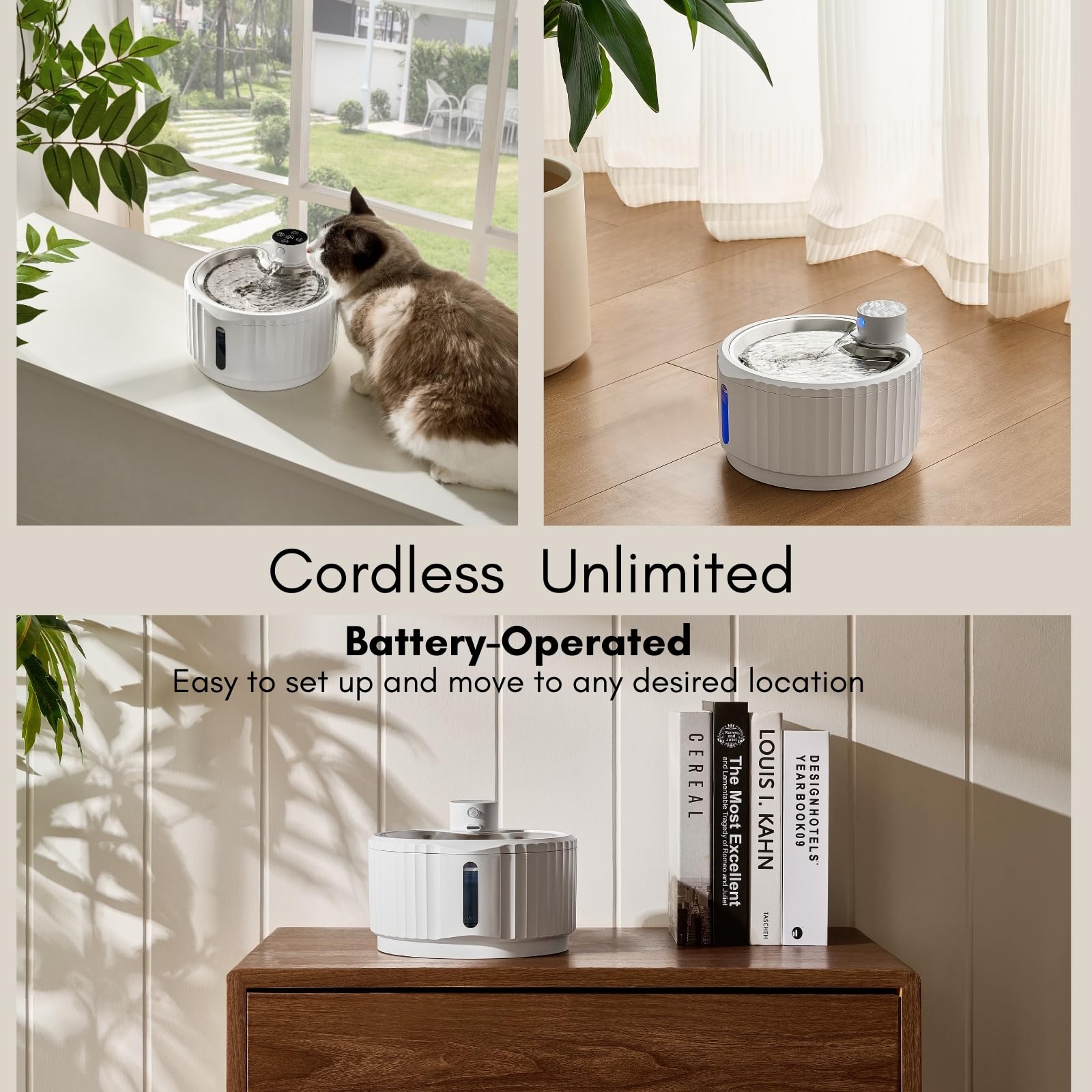 Leafur Cat Water Fountain, Battery Operated - Motion Sensor Pet Fountain 2.8L/95Oz, Automatic Water Dispenser With Quiet Pump &