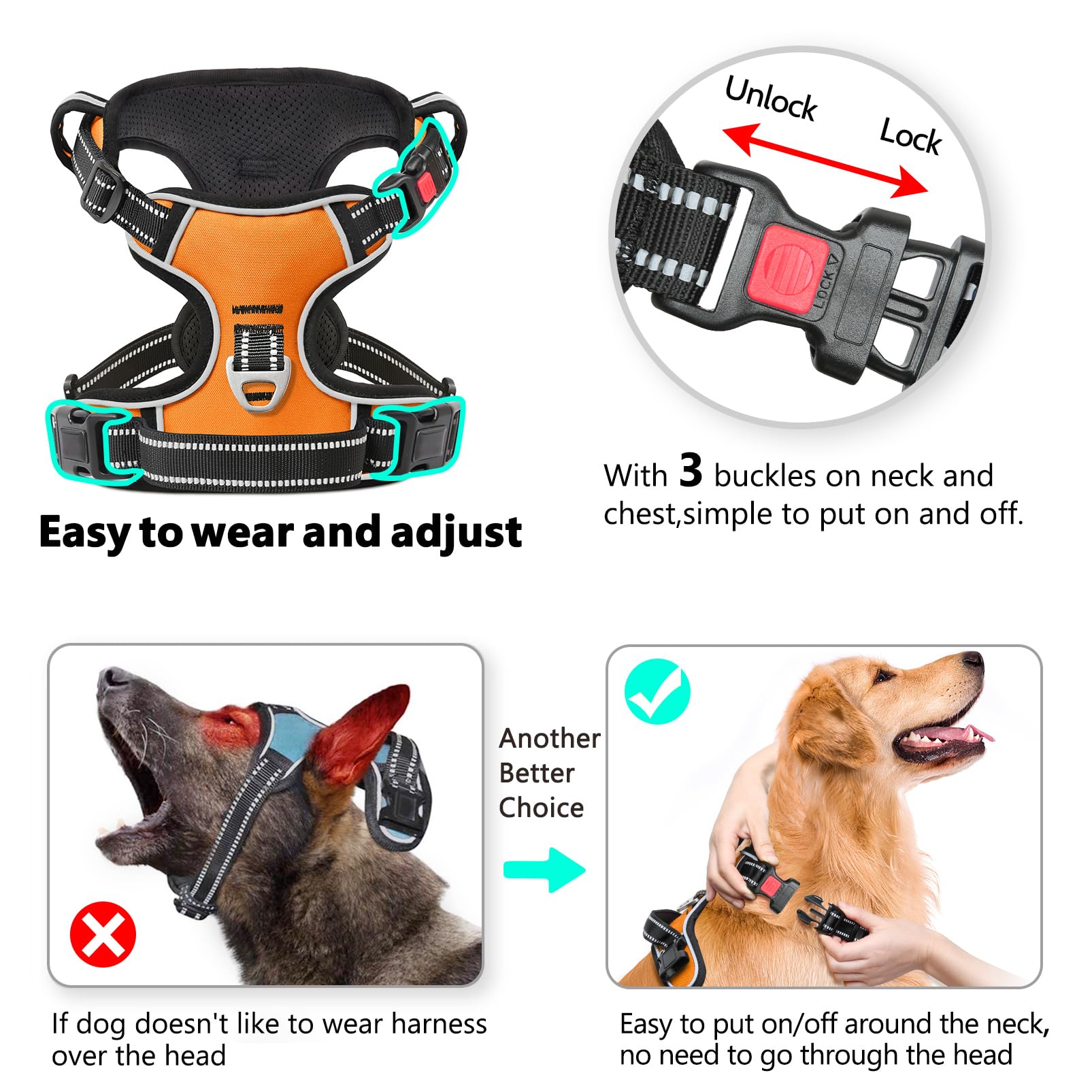 Timos Dog Harness Medium Sized, No Pull With Neck Lockable Snap,No Choke Front Clip Dog Reflective Harness,Adjustable Metal Ring
