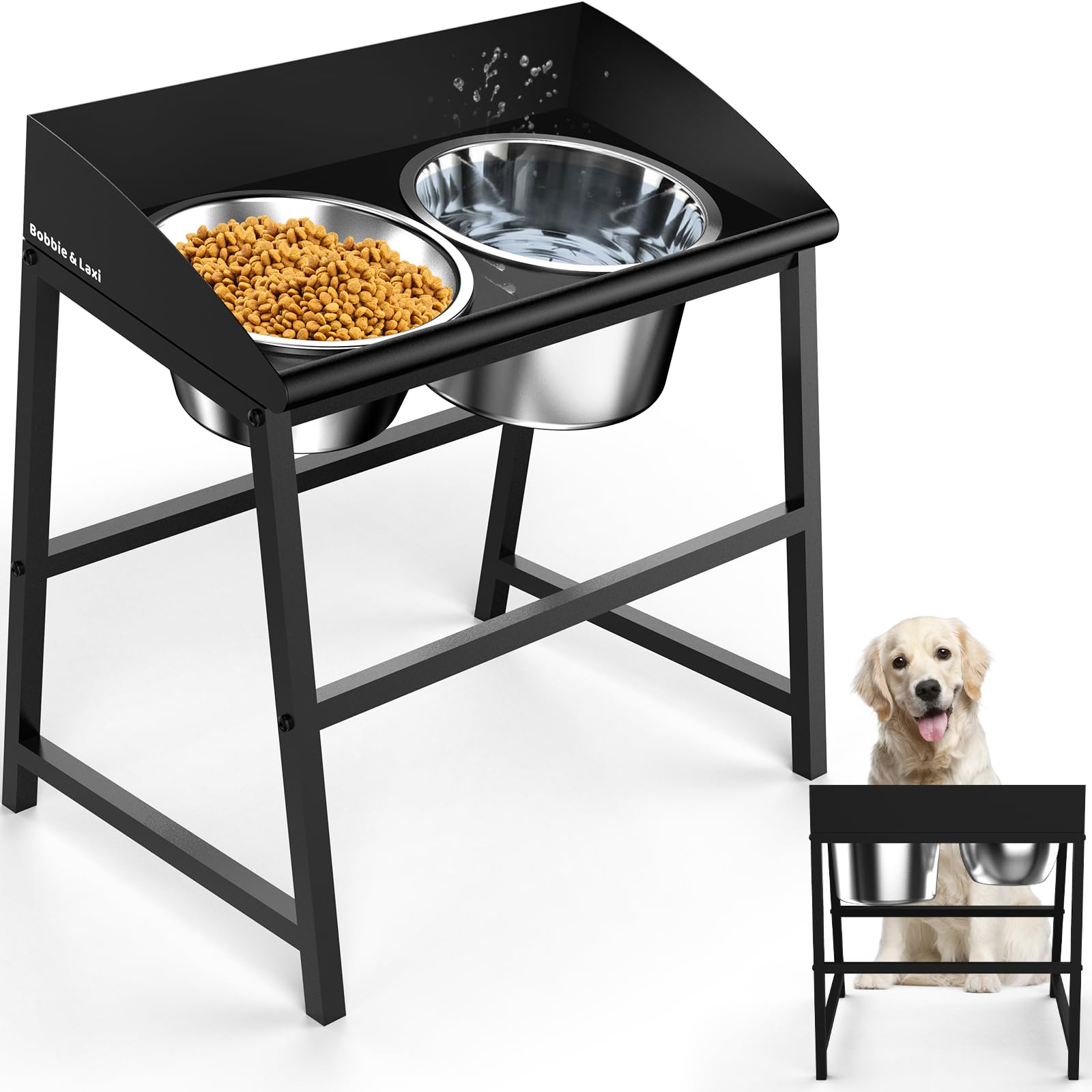 Elevated Dog Bowls Large Breed, 15 Tall No Spill Tilted Water Bowl for Dogs with Stand, Full Metal & Stainless Steel Raised Dog 
