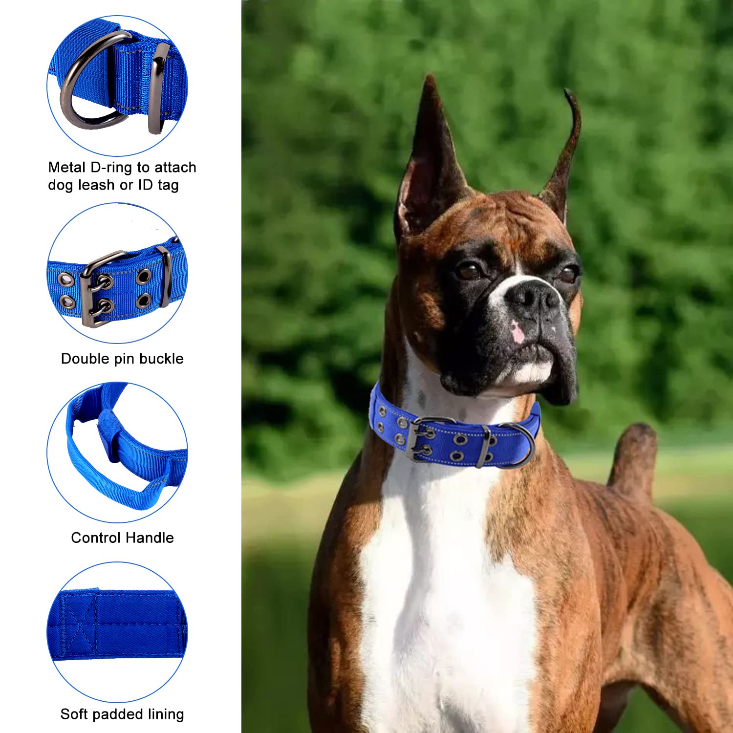 Yunleparks Reflective Dog Collar Heavy Duty Tactical With Control Handle And Metal Buckle For Dog Training(M,Blue)