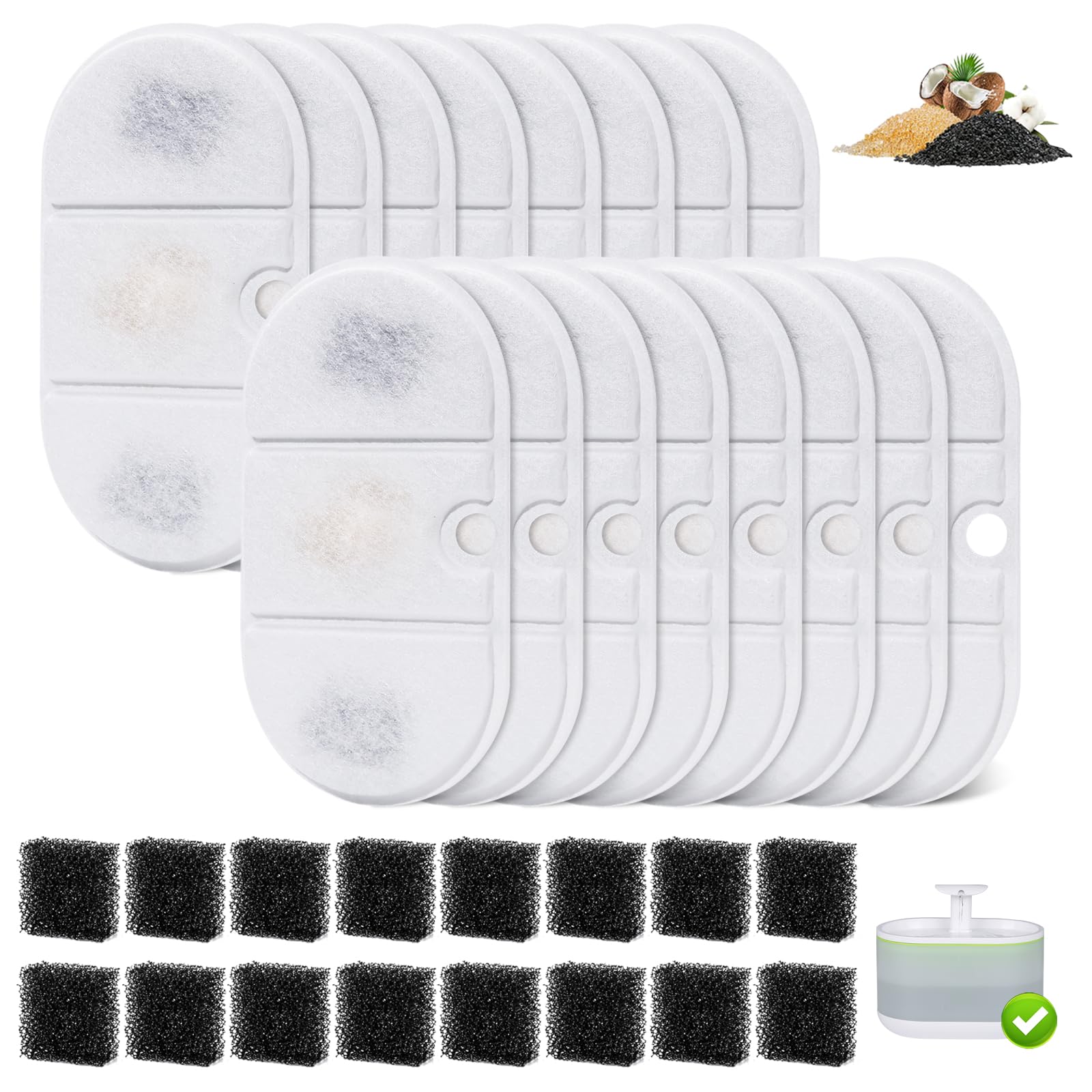 16 Packs Replacement Filters Compatible With Capsule Cat Water Fountain Plwf002, 16 Replacement Carbon Filters & 16 Sponges For 