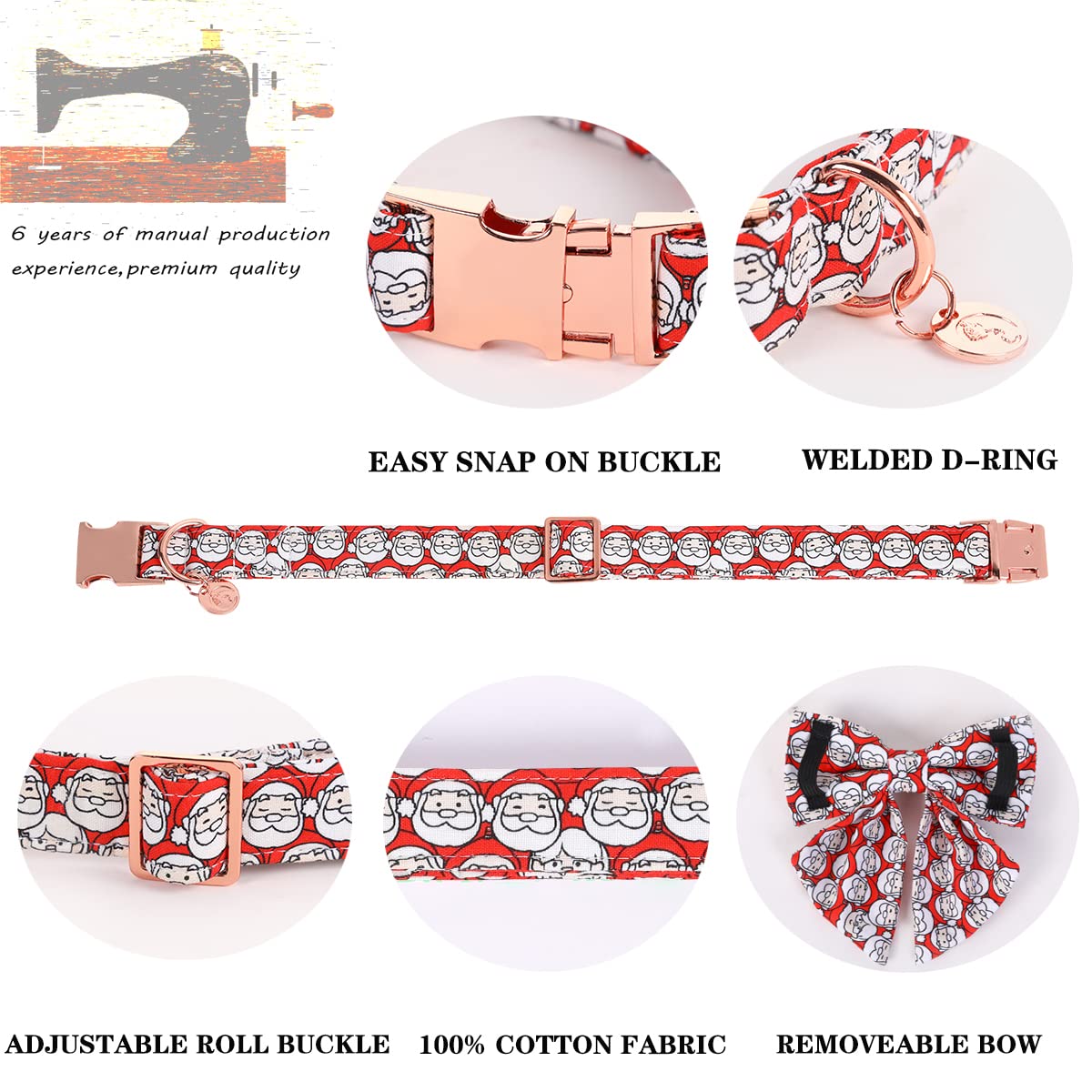Dogwong Cotton Dog Collar With Bowtie, Stylish Christmas Red Plaid Dog Collar Adjustable Puppy Necklace For Small And Medium Dog