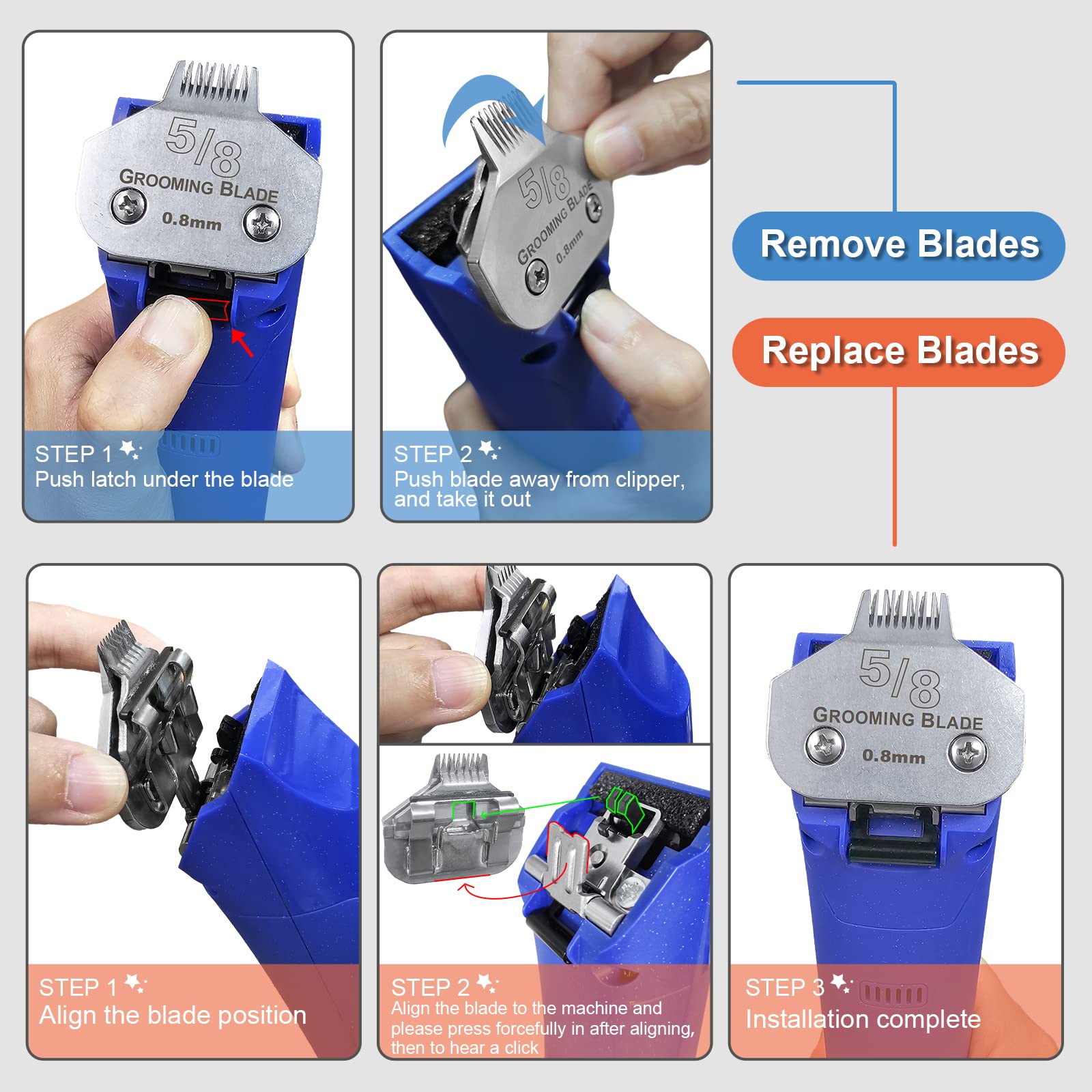 Dodaer Detachable Pet Dog Grooming Stainless Steel Blades,Compatible With Andis Size-5/8 Cut Length 1/32-Inch(0.8Mm),Compatible