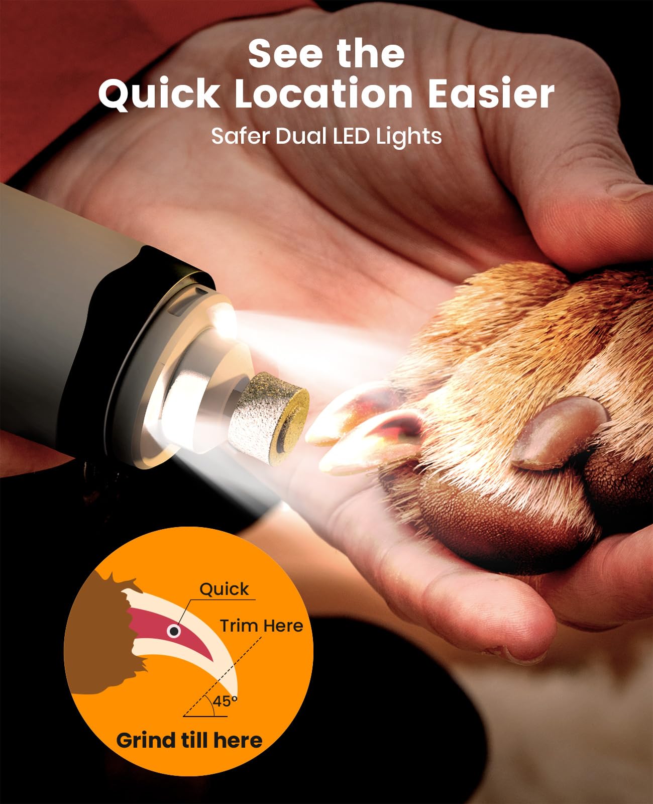 Oneisall Quiet Dog Trimmer For Paws Dog Nail Grinder Paw Trimmer With 2 Led Lights 35Db Grooming Kit Safe Nail Kit Cordless Rech