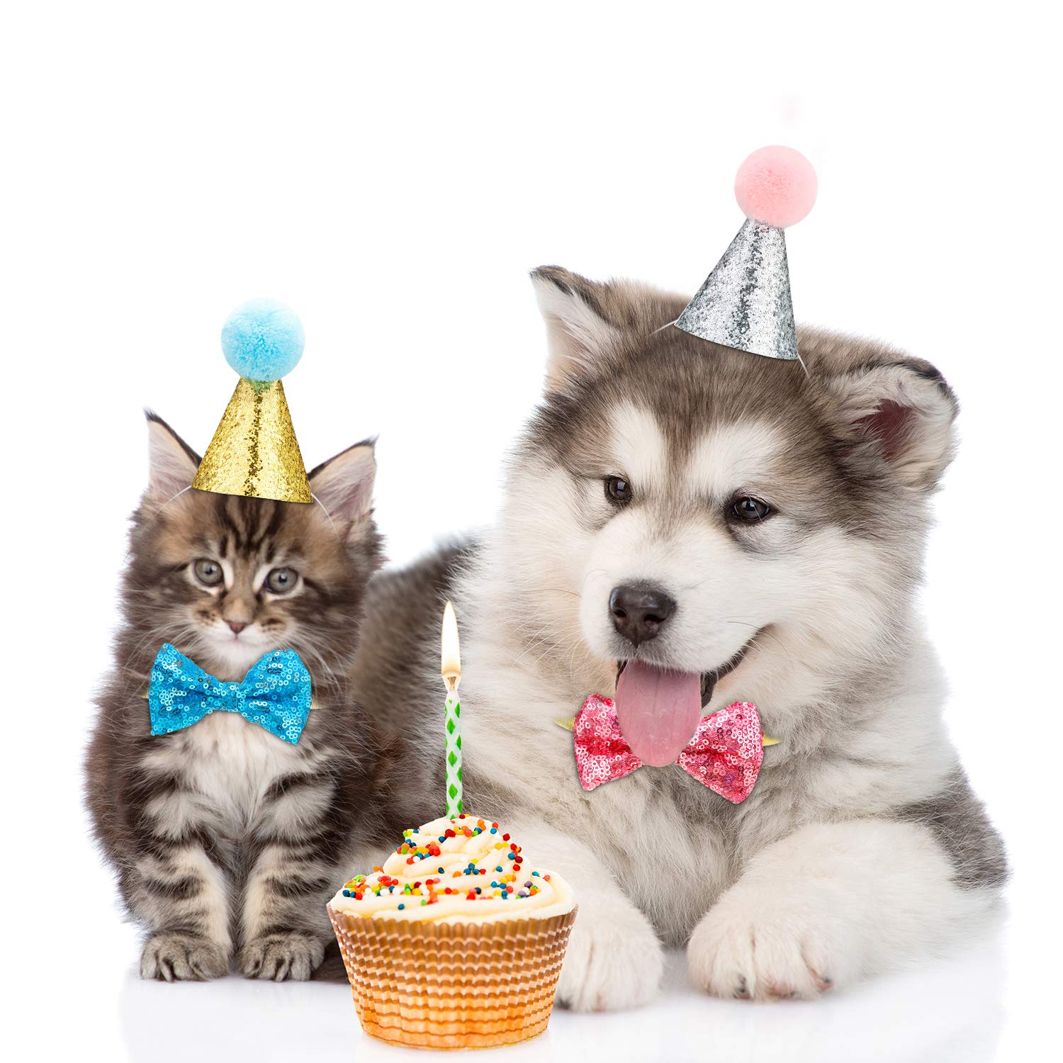 Satinior 4 Pieces Cat Birthday Hat Bowtie Small Dog Hat Headband Topper Bowtie Adjustable Cute Puppy Birthday Costume Accessorie