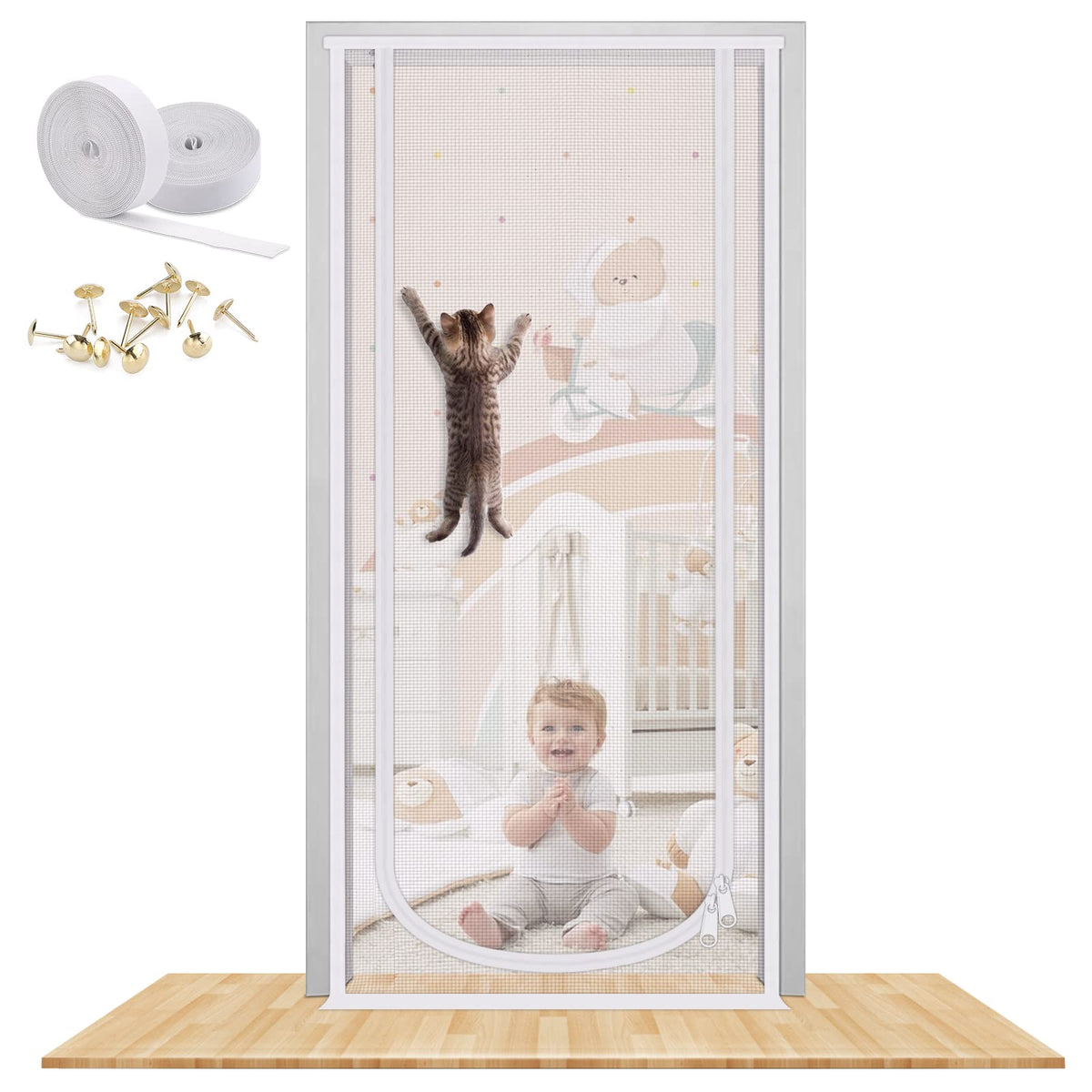 Reinforced Cat Screen Door, 35.5X82” Heavy Duty Pets Proof Screen Door With Bilateral Zipper, Prevent Dogs Cats Running Out From Home, Bedroom, Living Room, Kitchen Patio Doo