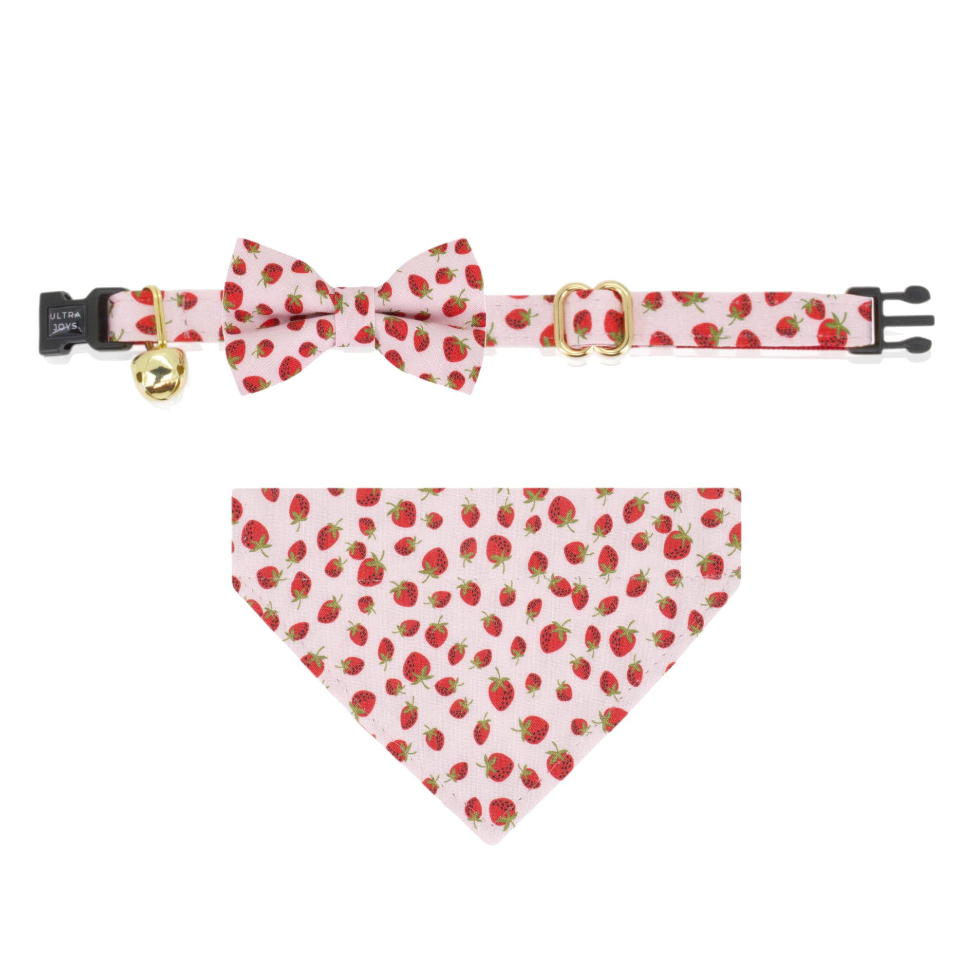 Ultra Joys Breakaway Cat Collar Kitten Collar With Bell, Bowtie & Bandana - Strawberry Small