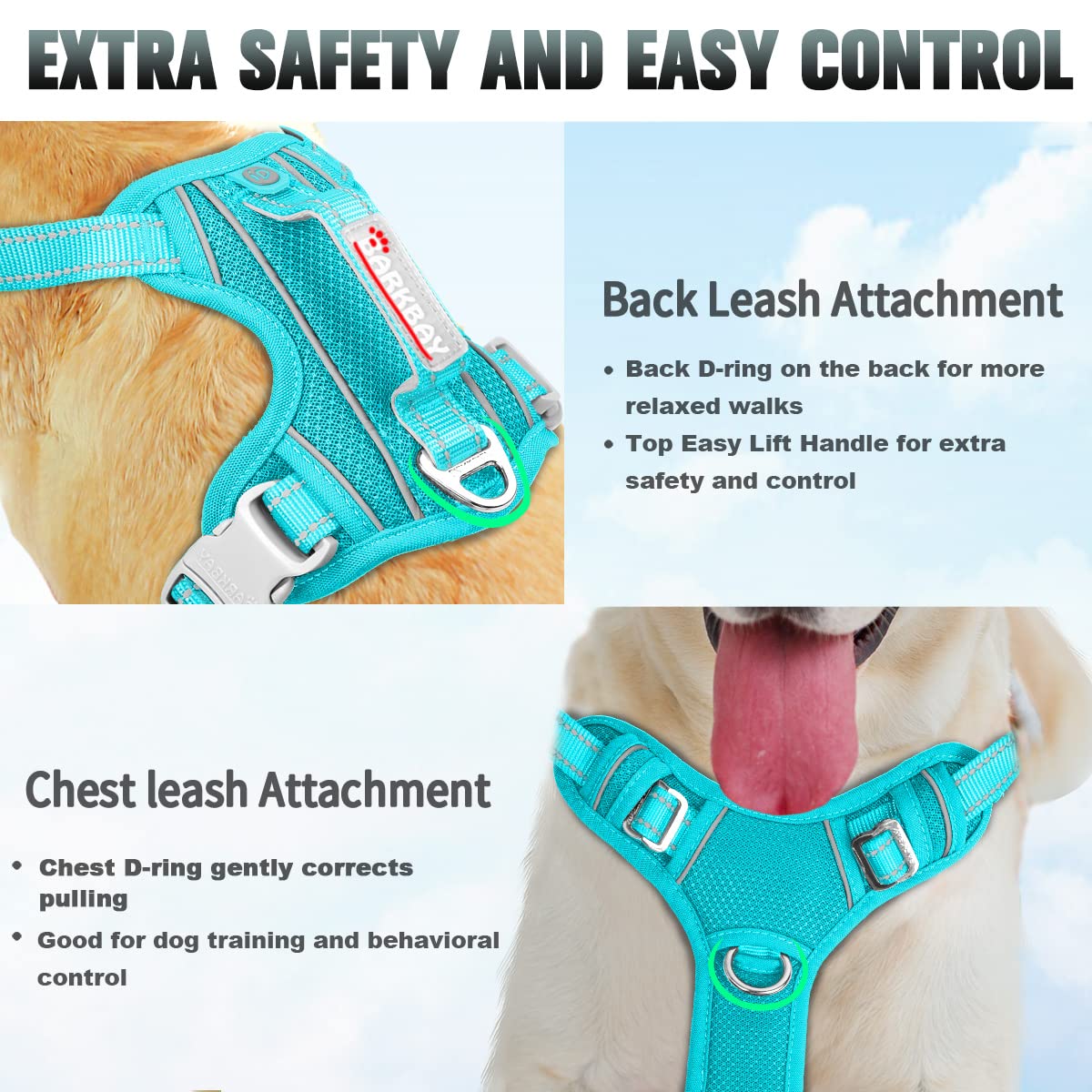 Barkbay No Pull Dog Harness Large Step In Reflective Dog Harness With Front Clip And Easy Control Handle For Walking Training Running With Id Tag Pocket(Ocean Blue,L)