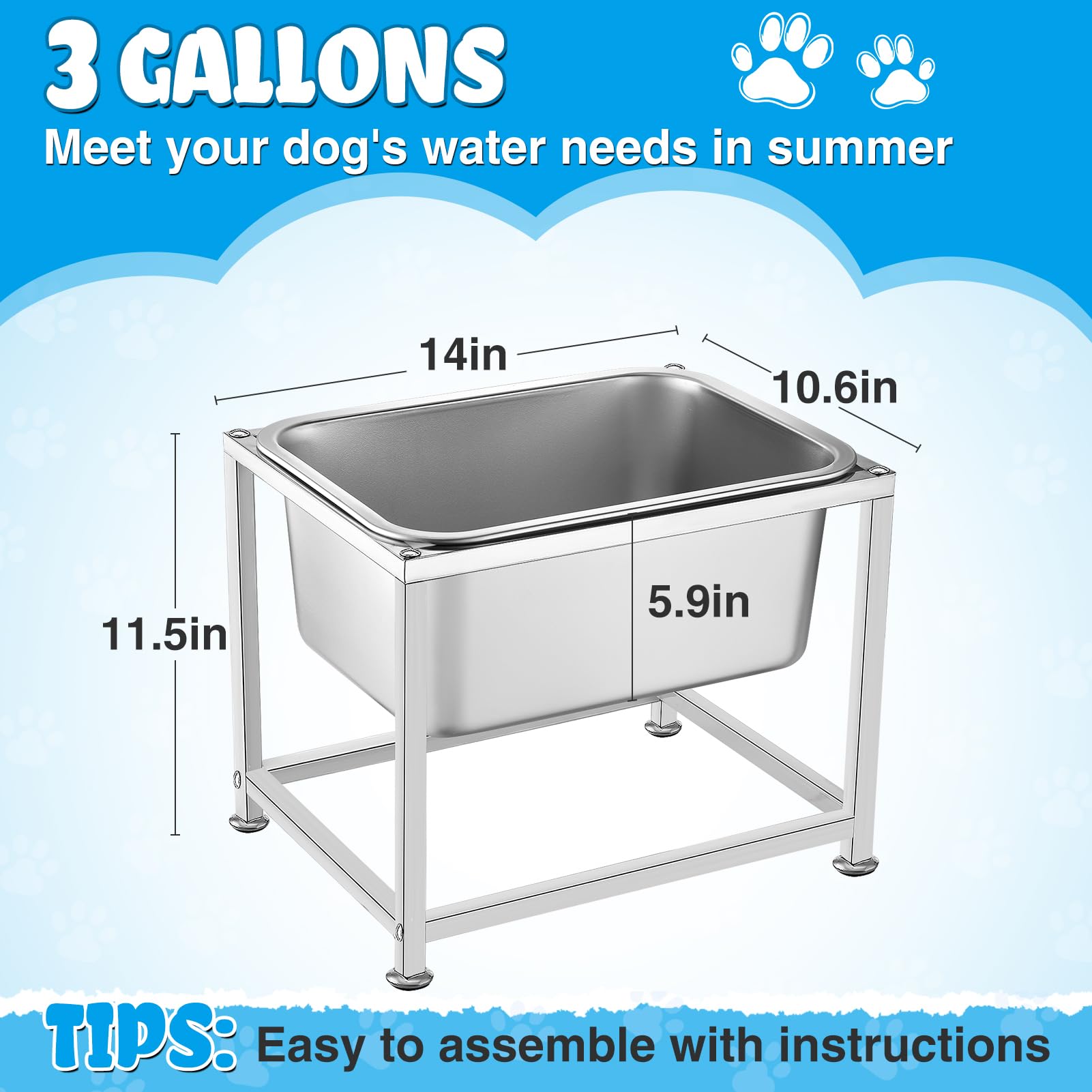 3 Gallons Elevated Dog Water Bowl - 11.5'' H Sturdy Stainless Steel Raised Dog Bowl With Stand For Extra Large Dogs Relief Joint