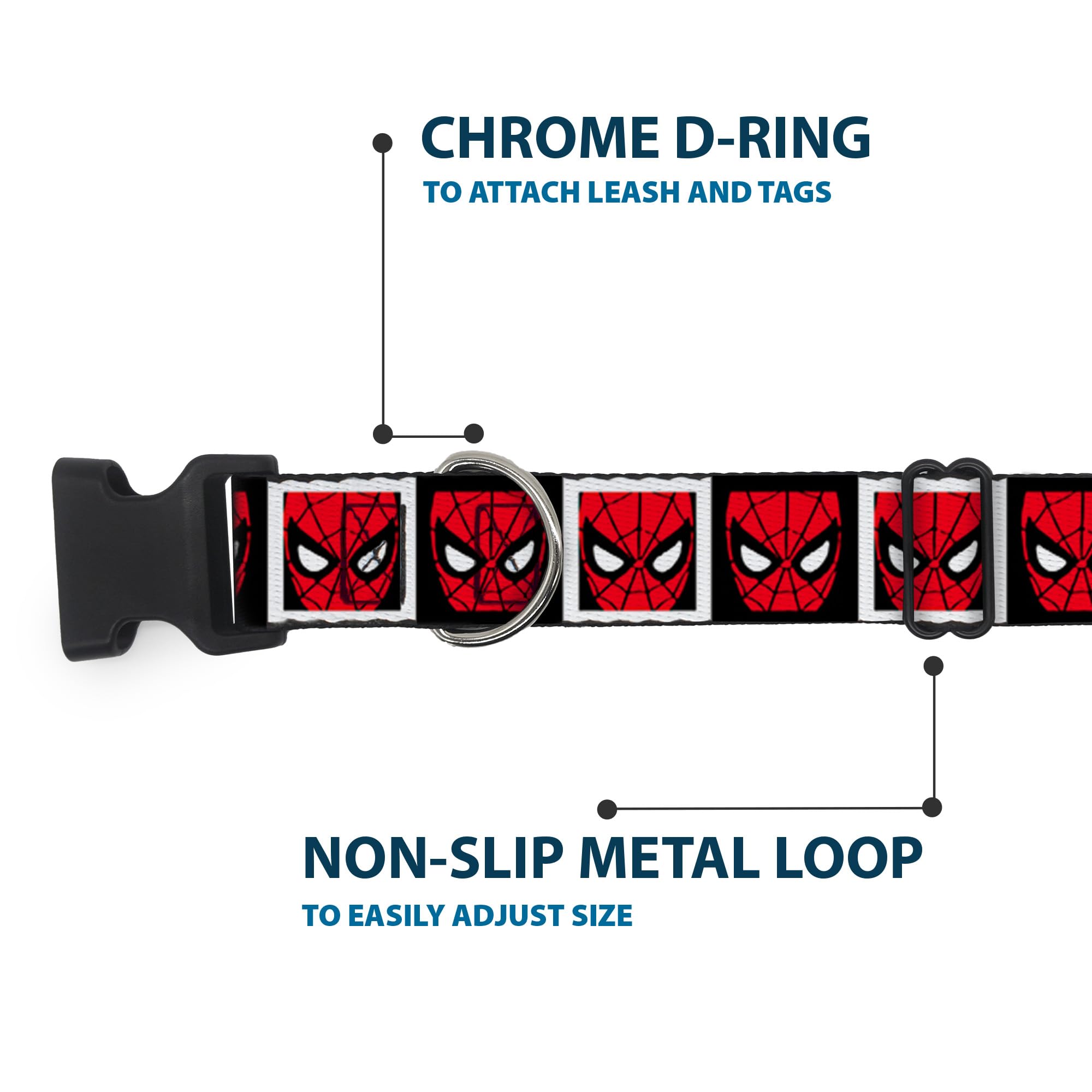 Buckle-Down Dog Collar Plastic Clip Spider Man Face Black White Blocks 15 To 26 Inches 1.0 Inch Wide