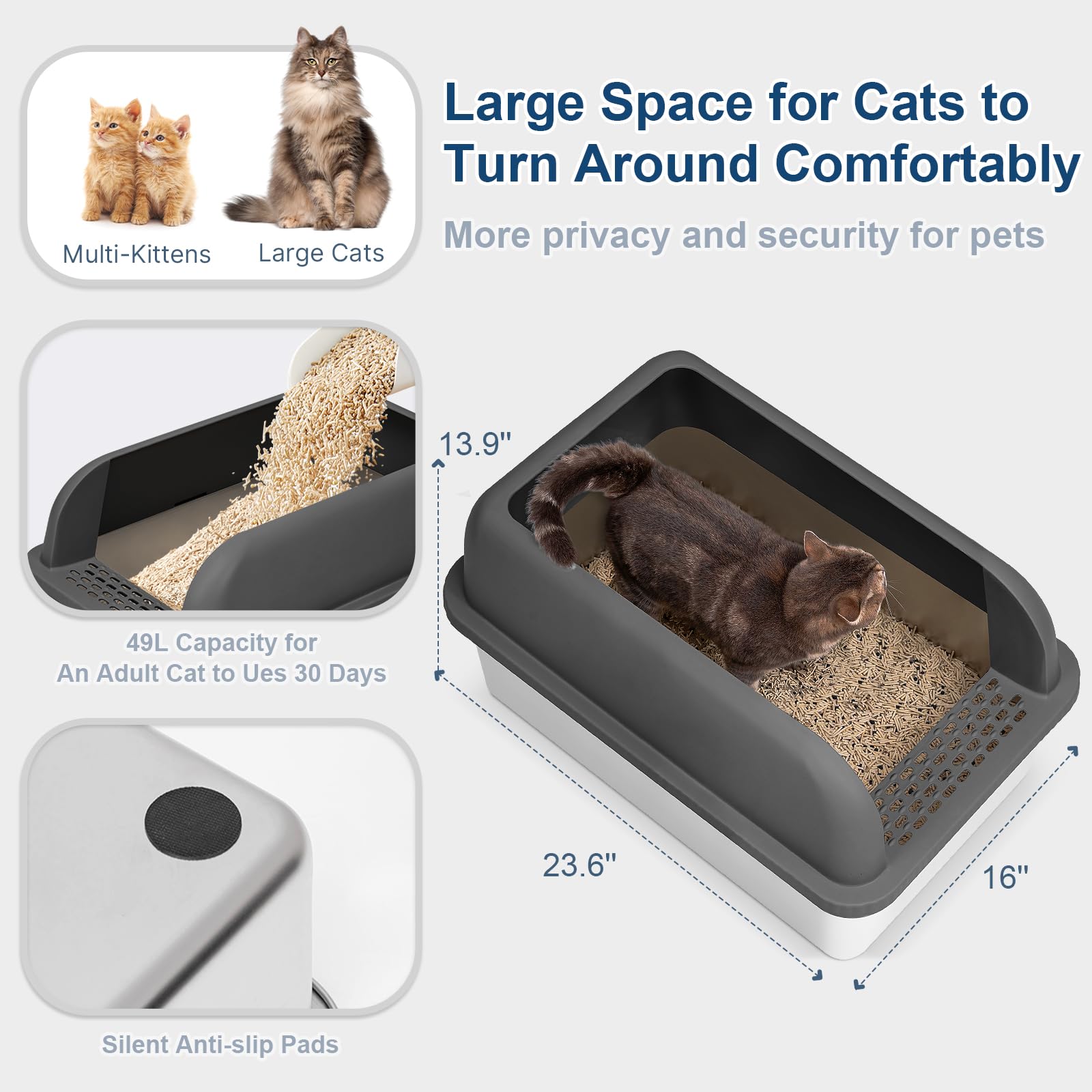 Suzzipaws 8 Deep Stainless Steel Litter Box with Lid Extra Large Cat Litter Box for Big Cats XL Metal Litter Pan Tray with High