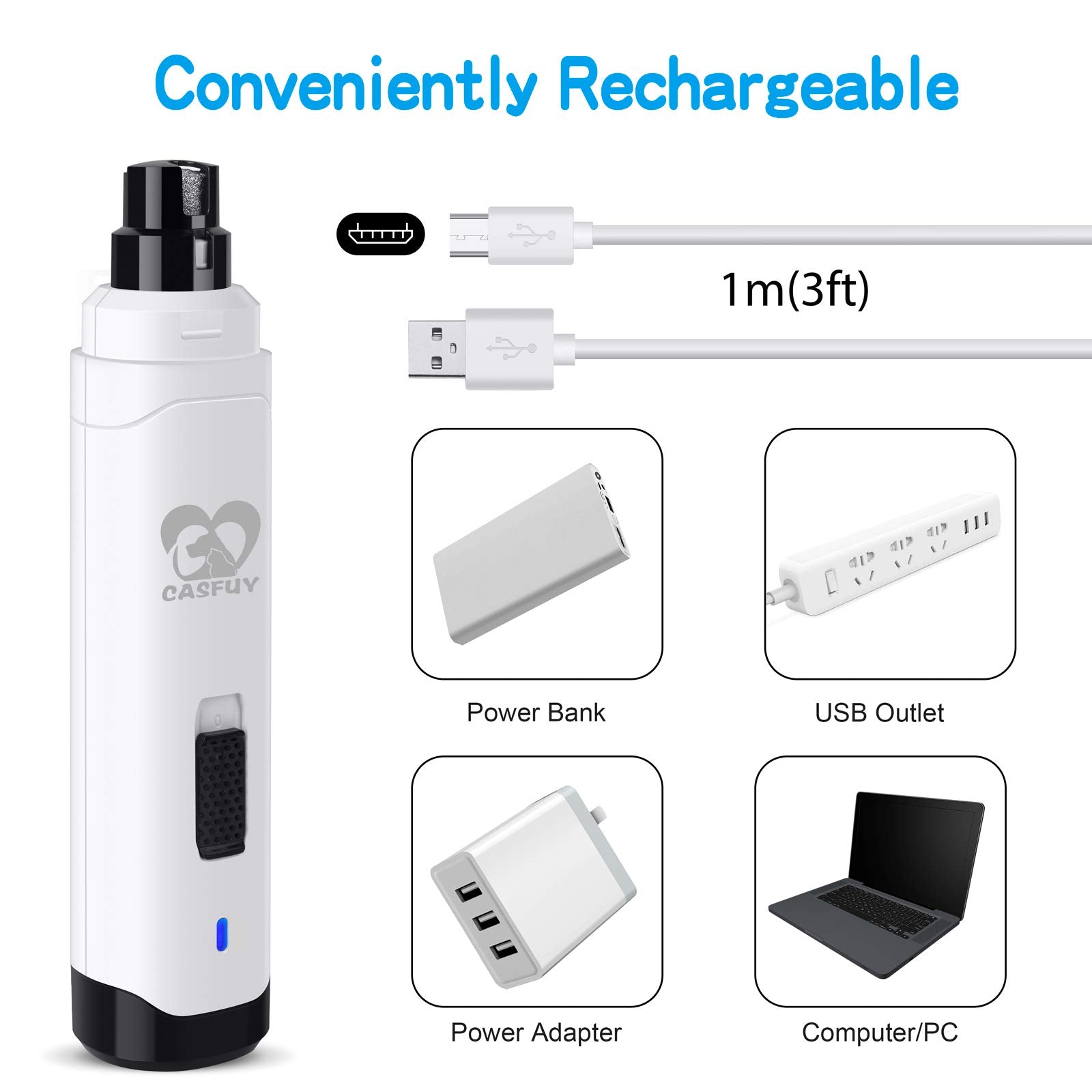 Casfuy Dog Nail Grinder Upgraded - Professional 2-Speed Electric Rechargeable Pet Nail Trimmer Painless Paws Grooming & Smoothing For Small Medium Large Dogs & Cats (White)