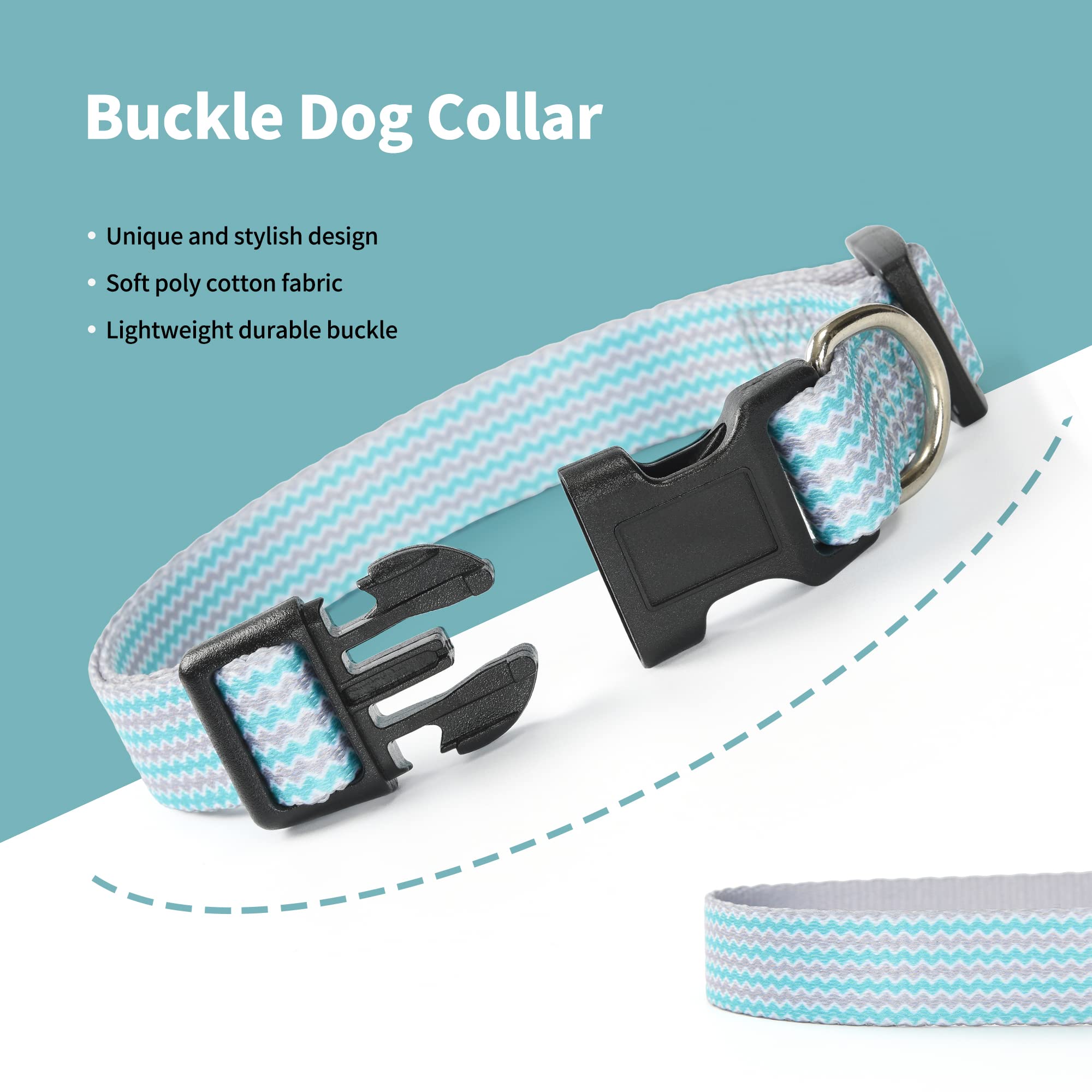 Mile High Life Dog Collar | Cute Puppy Collars | Lightweight Girl Dog Collar | Soft Boy Dog Collars | W Geometric Plaid Wave Line Pattern (Green Wave, Large)