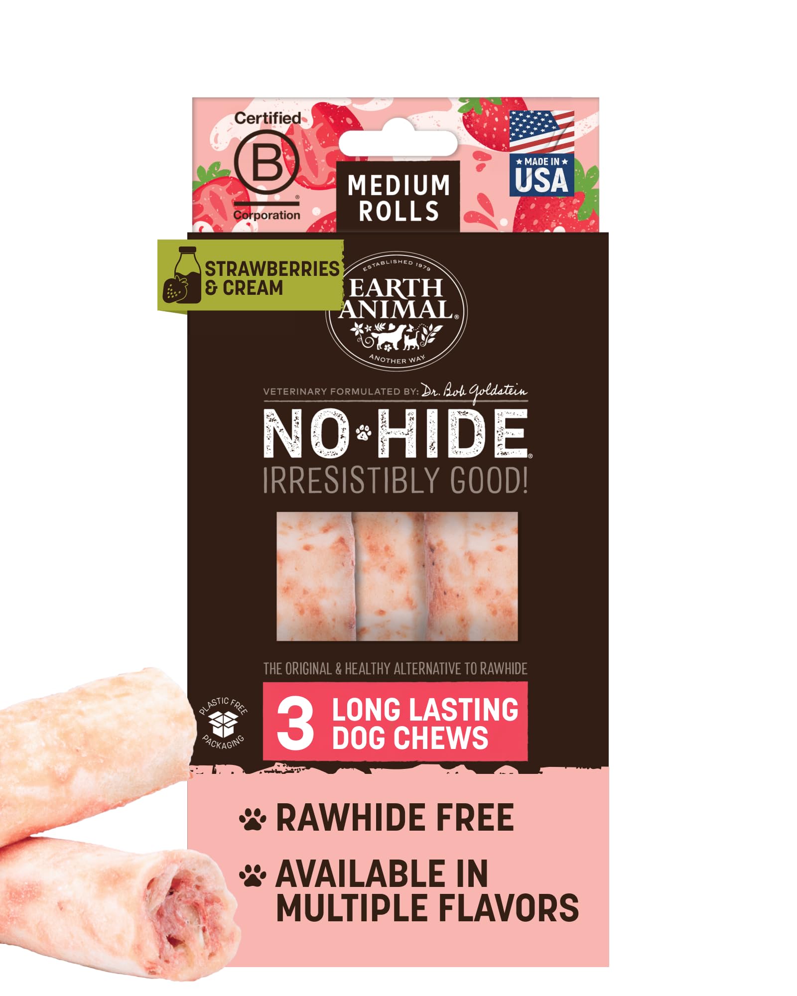 Earth Animal No-Hide Rolls Strawberries & Cream Vegetarian Recipe Medium Natural Rawhide Alternative Dog Chews, 3 Pack Value Pac