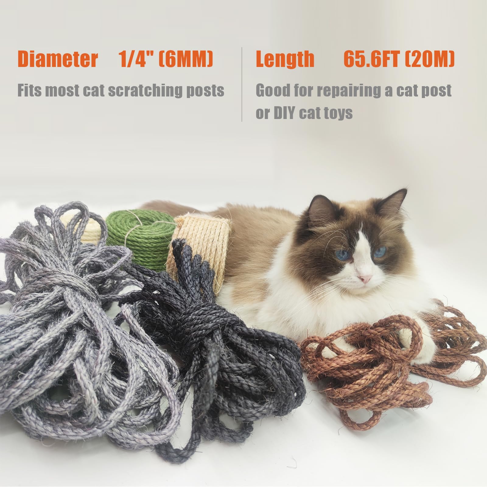 Xrzitky Natural Sisal Rope For Cat Scratcher, 1/4 Inch 65Ft Sisal Rope For Cat Scratching Post Repair Replacement, Multi Color C