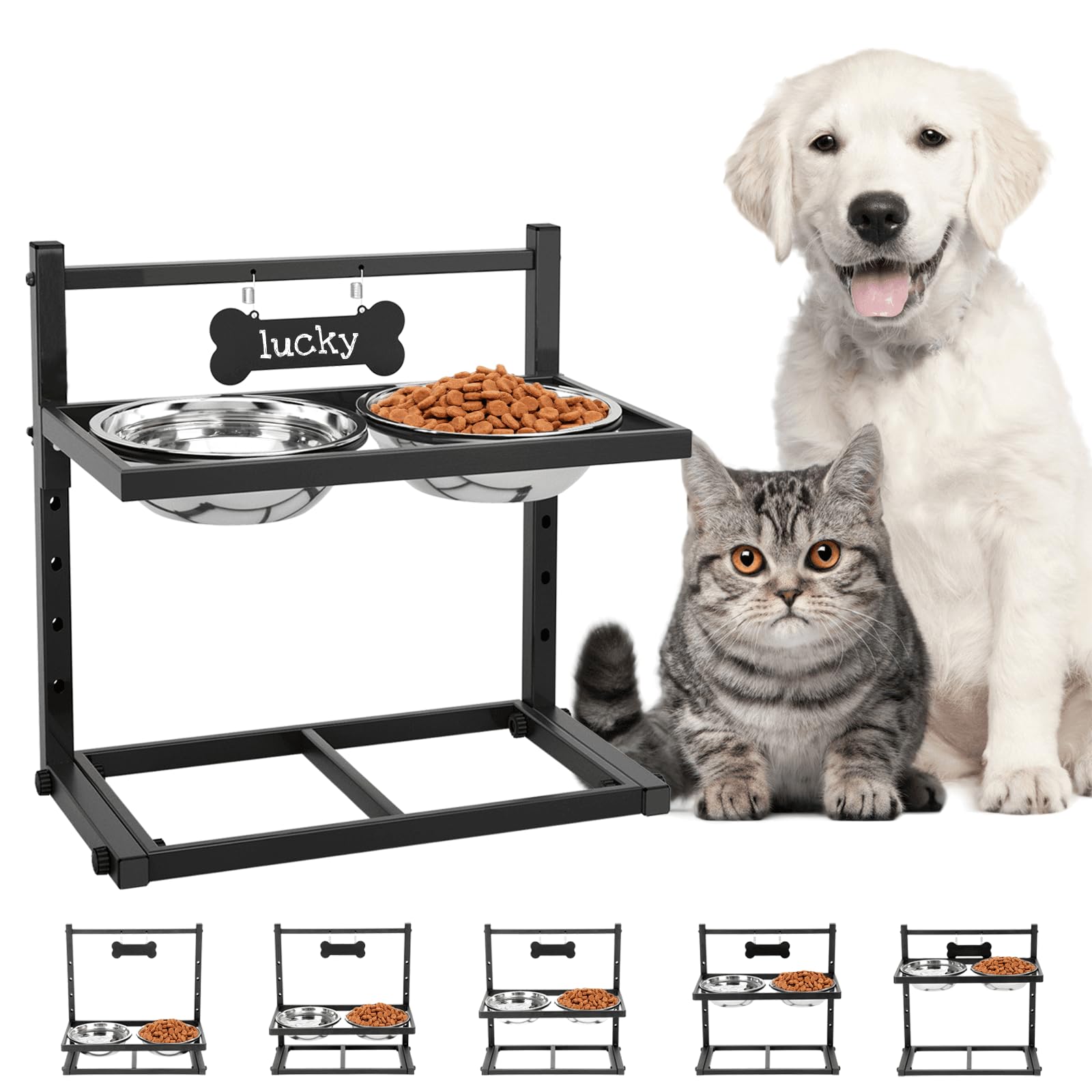 Elevated Dog Bowls for Medium and Small Dogs, 5 Adjustable Height, Raised Dog Bowl Stand with 2 Stainless Steel Dog Food Bowls, 