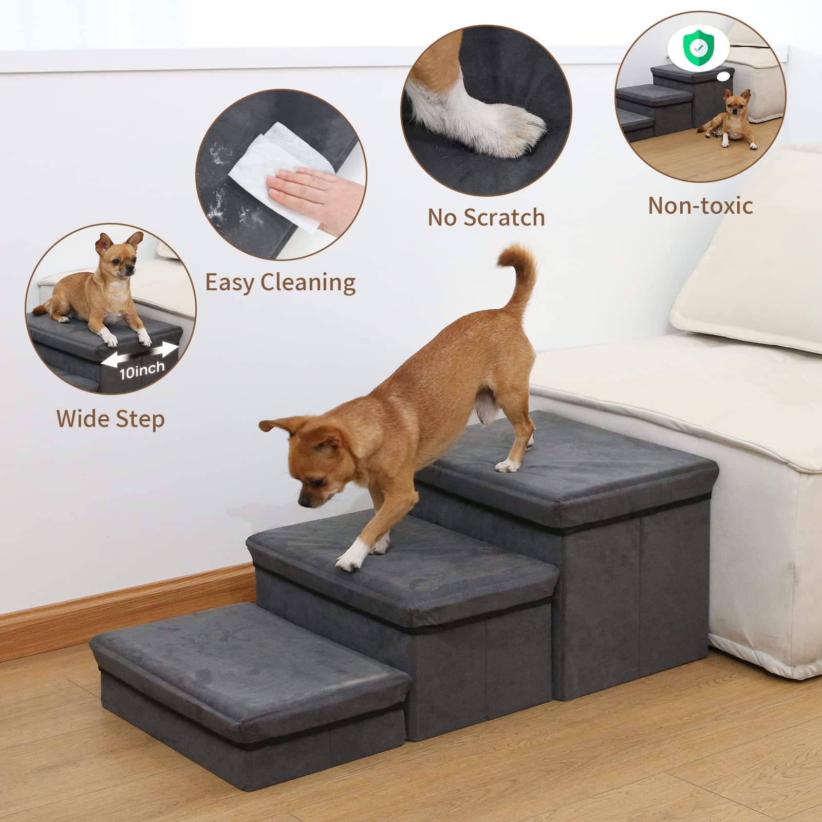 Foldable Dog Stairs/Steps 3-Tier Pet Steps Storage and Adjustable Steps for Small Medium Dogs Pet Steps Storage Stepper for High