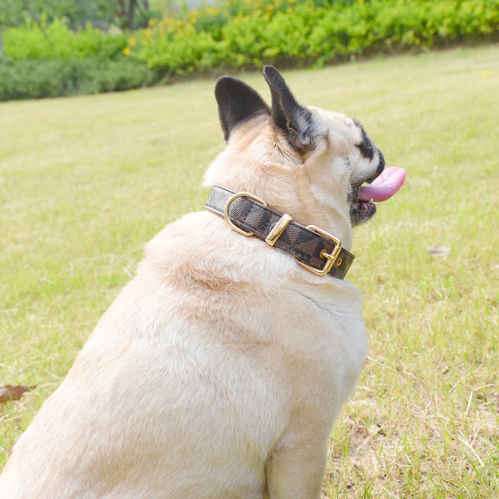Leather Dog Collar And Leash Set, Check Pattern Dog Collar Leashes Metal Buckle Adjustable Durable For Small Medium Large Dogs (