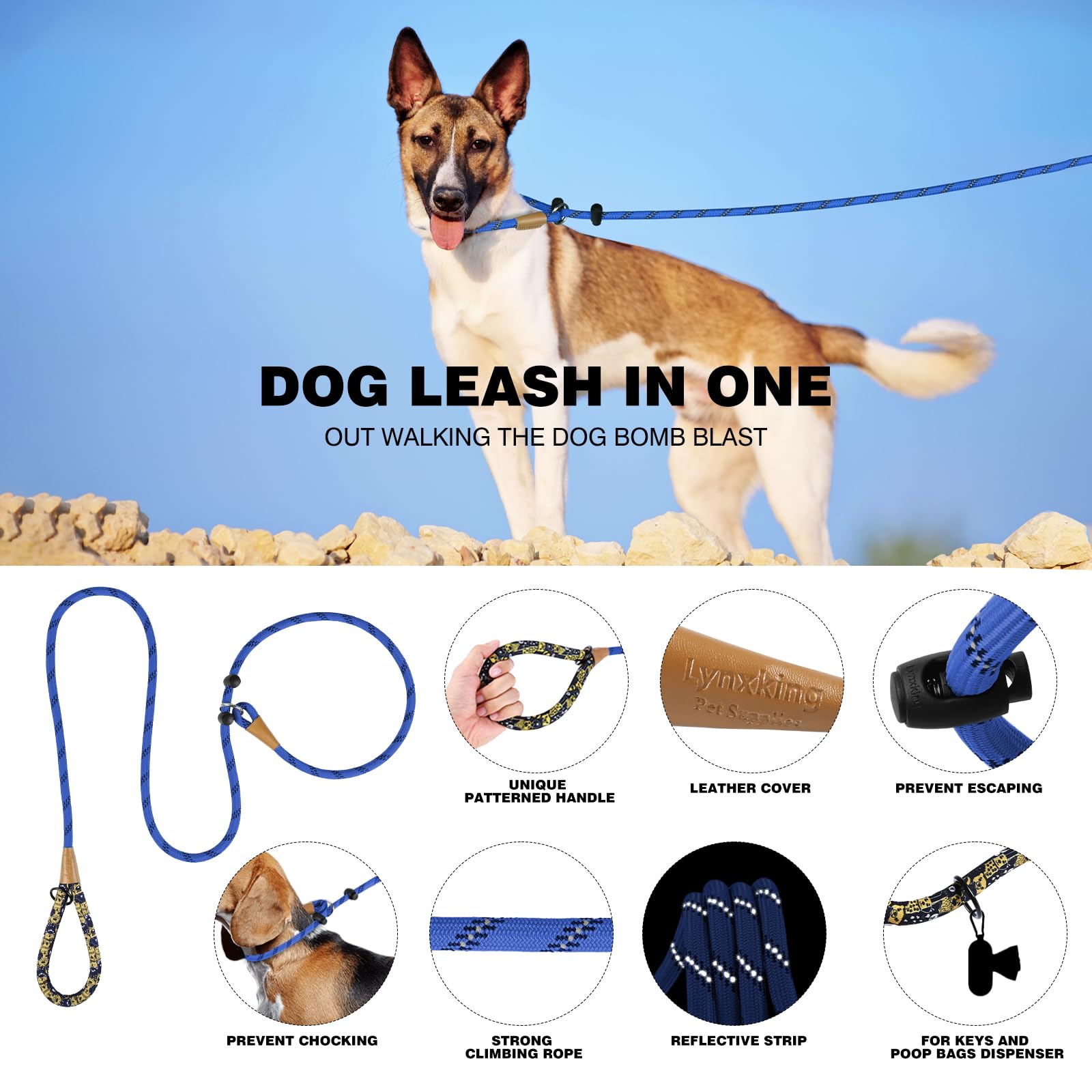 Lynxking Slip Lead Dog Leash Reflective, Heavy Duty Comfortable Strong Rope For Large Medium Small Dogs No Pull Pet Training (Bl