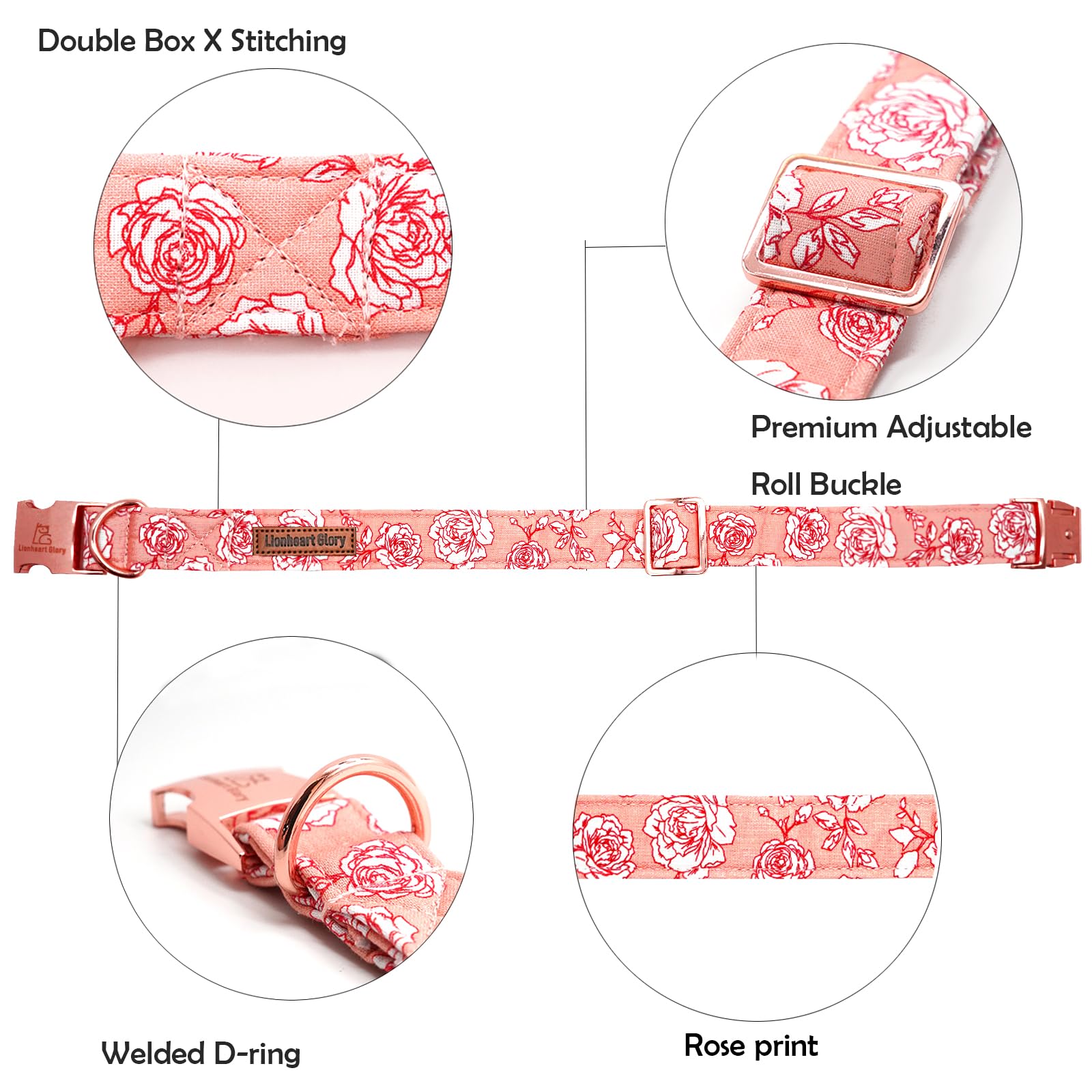 Lionheart Glory Valentine'S Day Collar - Pink Roses Print, Adjustable Heavy-Duty Collar For Medium Cute Dogs - Spring Female Pet