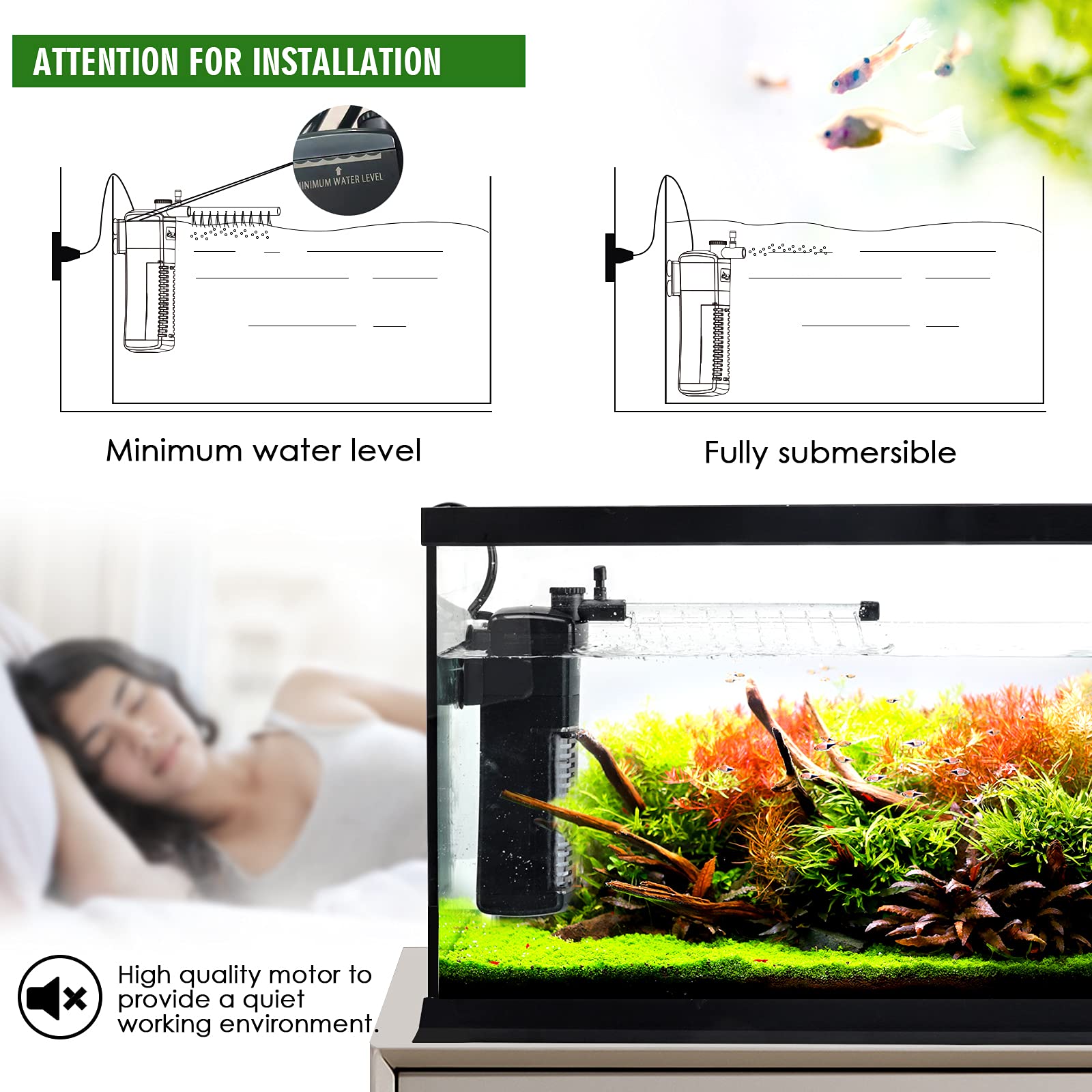 Aqqa Aquarium Internal Filter Submersible Power Filter In-Tank With Adjustable Water Flow, Ultra Silent Sponge Filter For Fish T