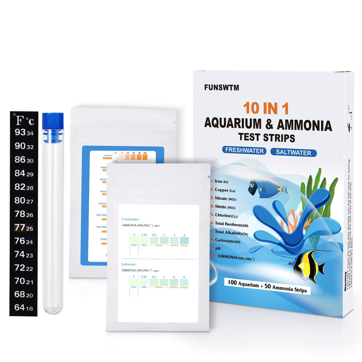 150Pcs Aquarium Ammonia Test Strips, 10 In 1 Ammonia Test Kit For Aquarium Water Test Kit For Freshwater Saltwater Fish Tank Water Testing Kit To Monitors Ammonia Ph Nitrite Nitrate Kg Gh And More