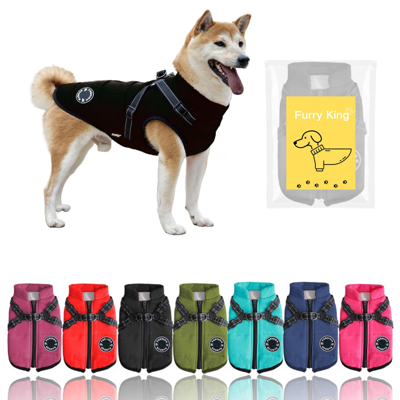 Furry King Dog Winter Coat With Harness, 7 Colors, Waterproof, Fleece Lined. (Black, X-Large)