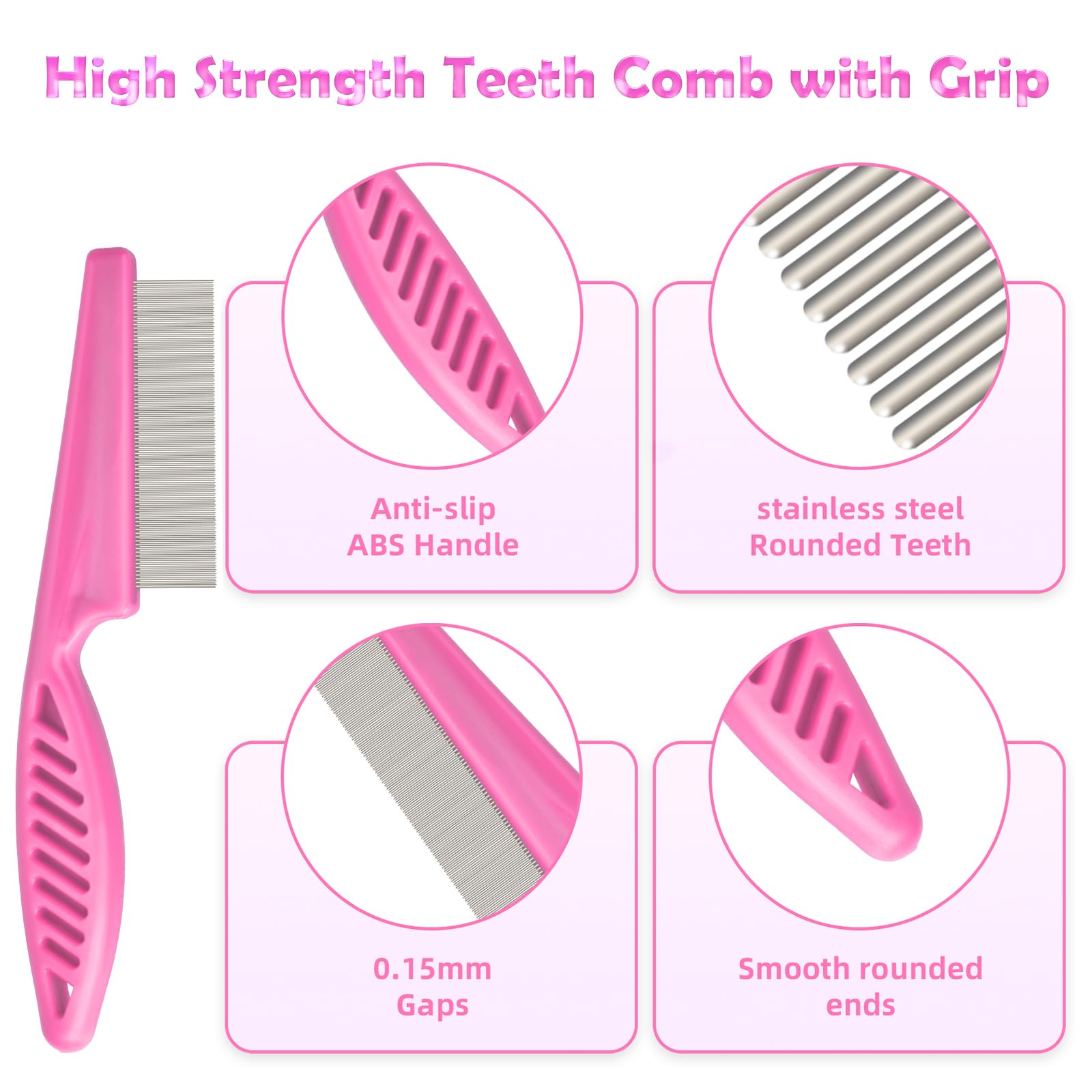 Flea Comb Set For Cats & Dogs - 6 Pack Pet Grooming For Small, Medium & Large Pets (Pink)