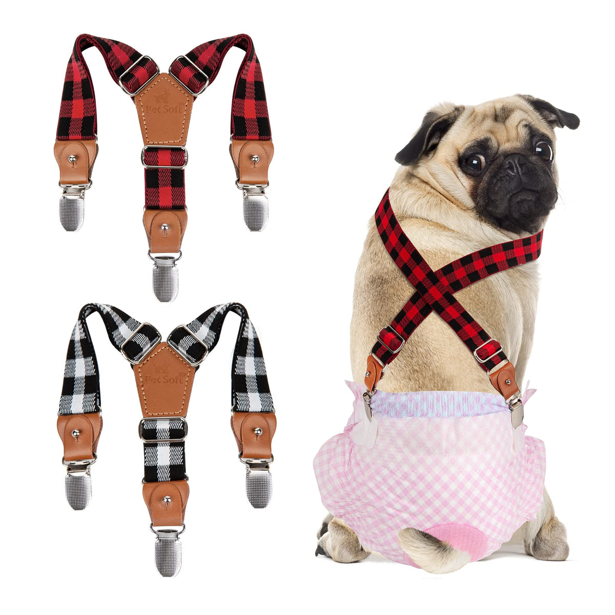 Pet Soft Dog Suspenders 2 Pieces Female Dog Diaper Suspenders For Dogs Diaper Keeper Suspender For Dog Skirt, Dog Dress (Plaid, Xs/S)