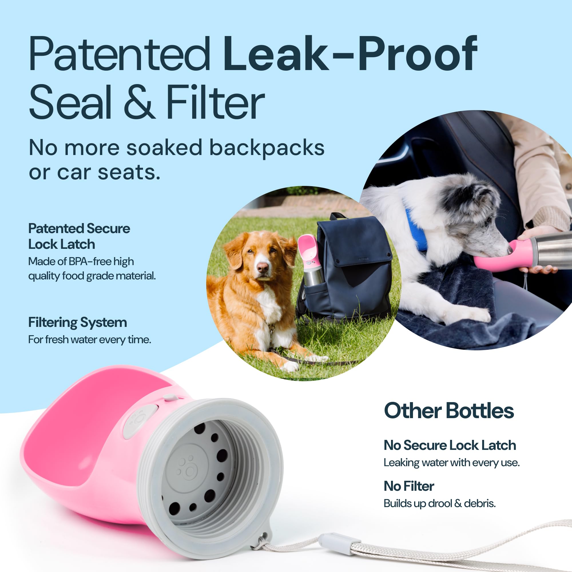 MalsiPree 24oz Stainless Steel Dog Water Bottle - Leak-Proof, Portable with Pink Bowl for Puppy & Dog Travel