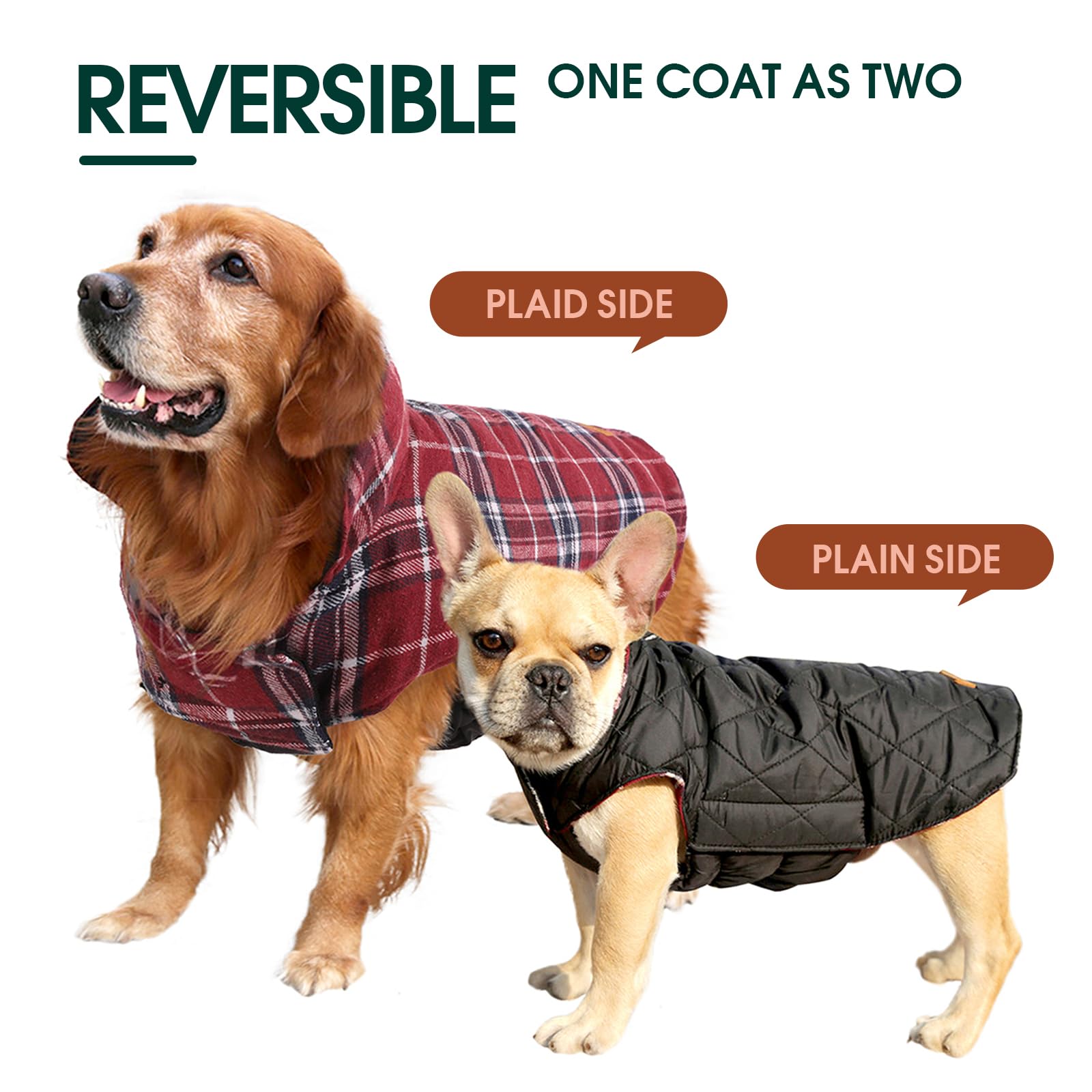 Kuoser Warm Dog Coat, Reversible Dog Jacket Waterproof Dog Winter Coat British Style Plaid Dog Clothes Pet Dog Cold Weather Coat