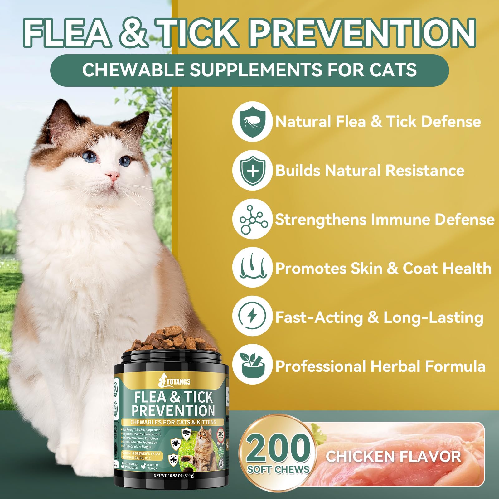 Natural Flea Treatment for Cats Chewables, 200 Soft Treats Flea and Tick Prevention for Cats, Oral Flea Supplement for Kitten Ca