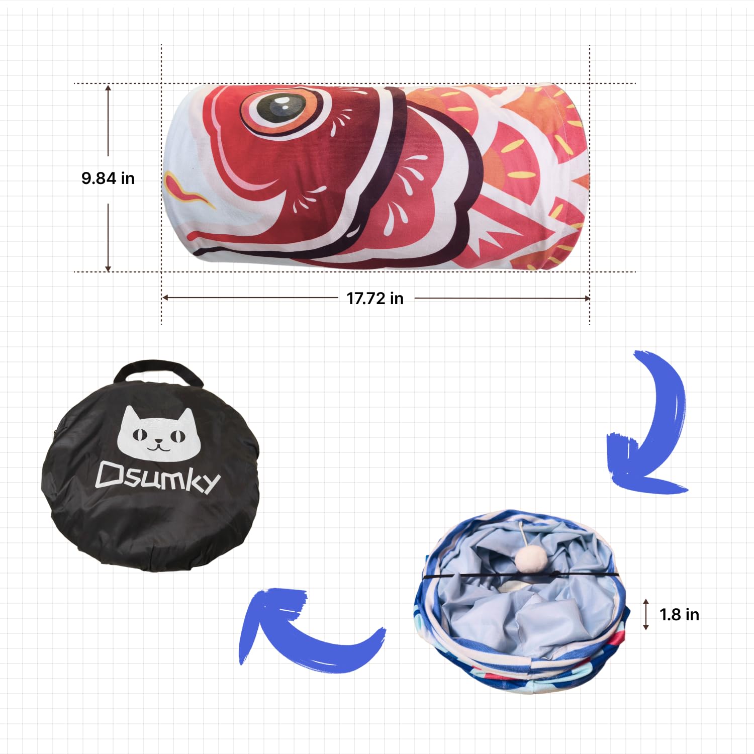 Dsumky Cat Tunnel With Fish Design, Plush Toy Ball, Easy To Clean, Collapsible, Hide & Seek Play, Self-Entertainment Toy (Radian
