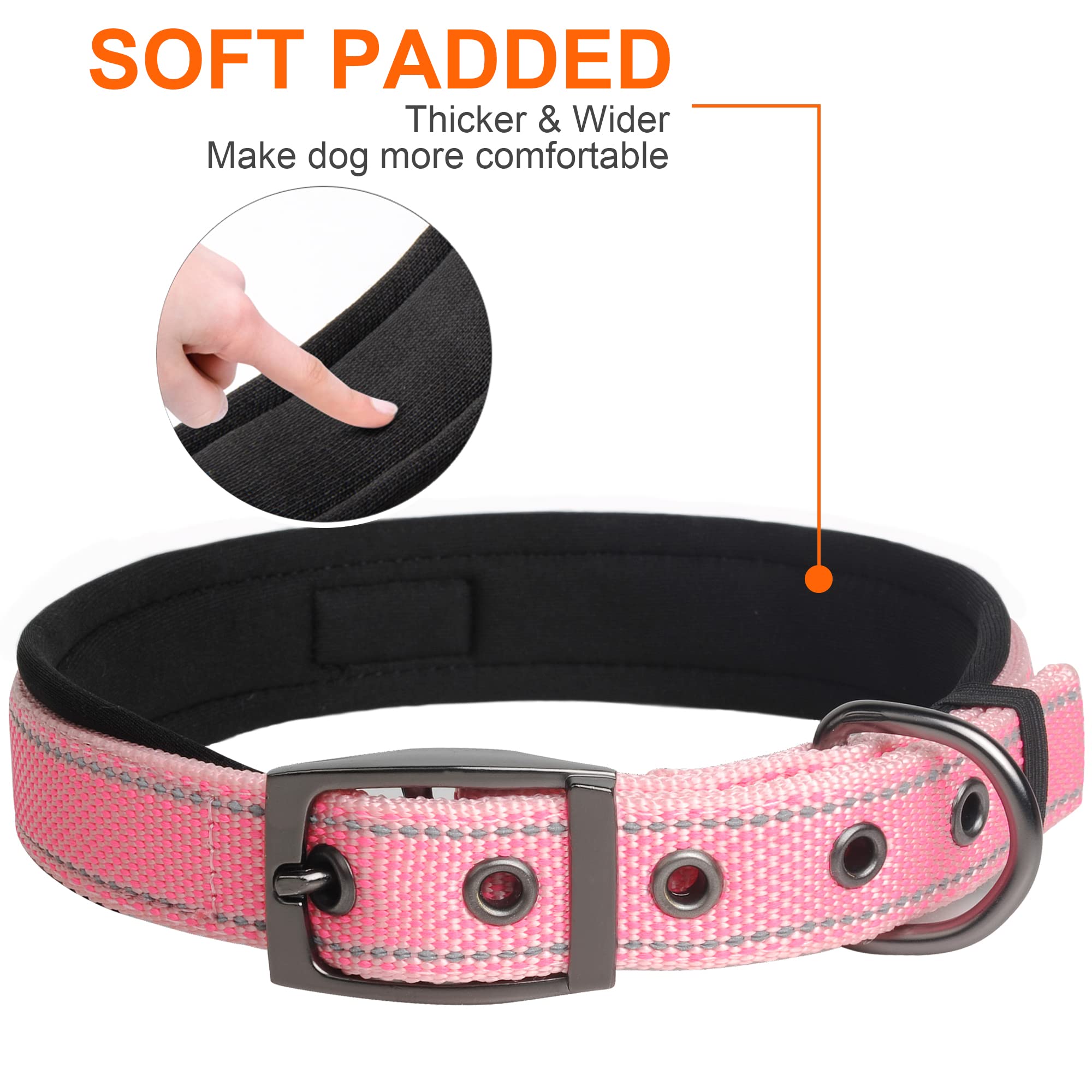 Fida Heavy Duty Dog Collar, Ultra Comfortable Soft Neoprene Padded, Adjustable Reflective Nylon Pet Collar With Durable Metal Belt Buckle For Medium Breeds (M, Pink)