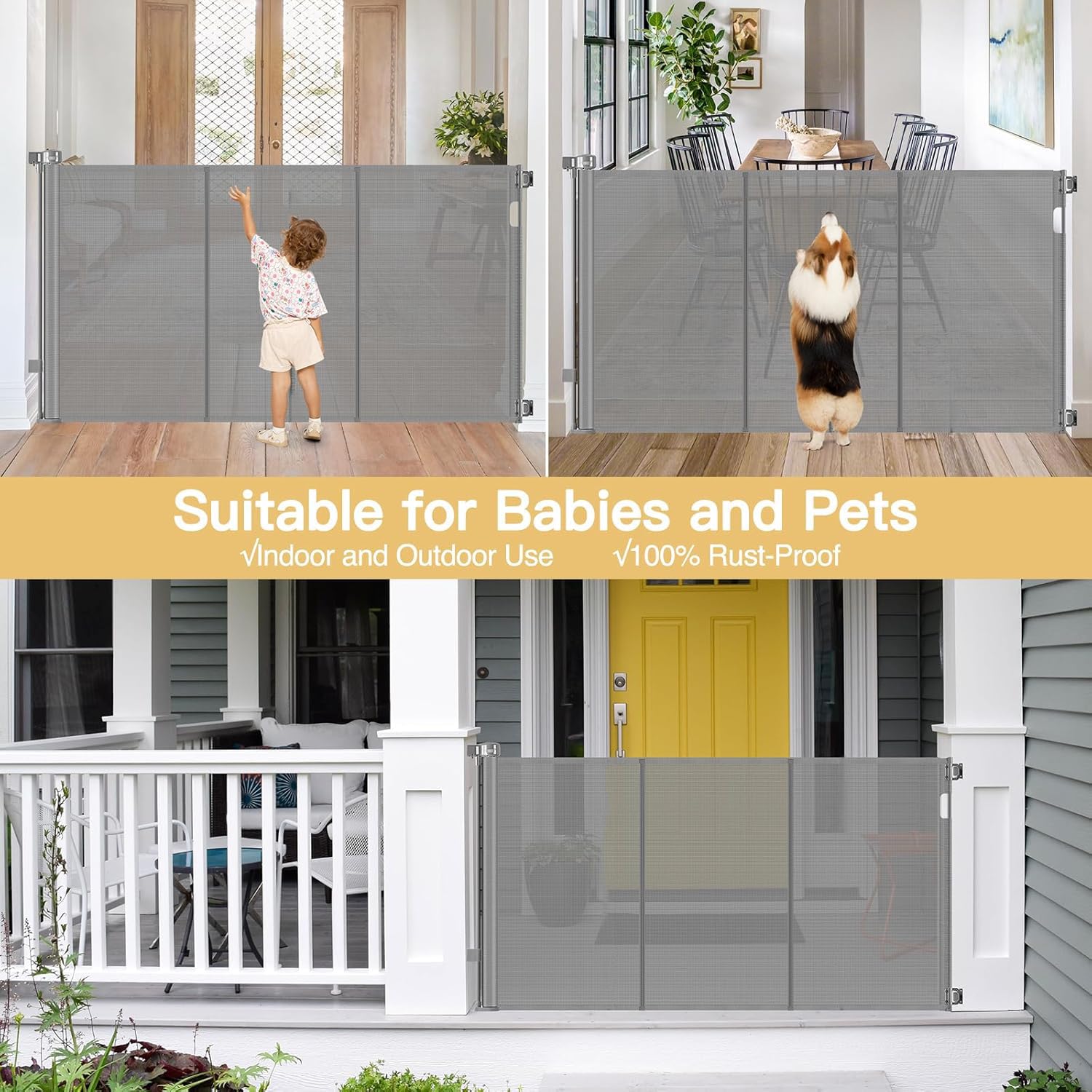 Reinforced 42 Extra Tall Baby Gate 55 Wide Retractable Dog Gate with Support Rods - Bottom Anti-Escape, Extra Tall Pet Gate Indo
