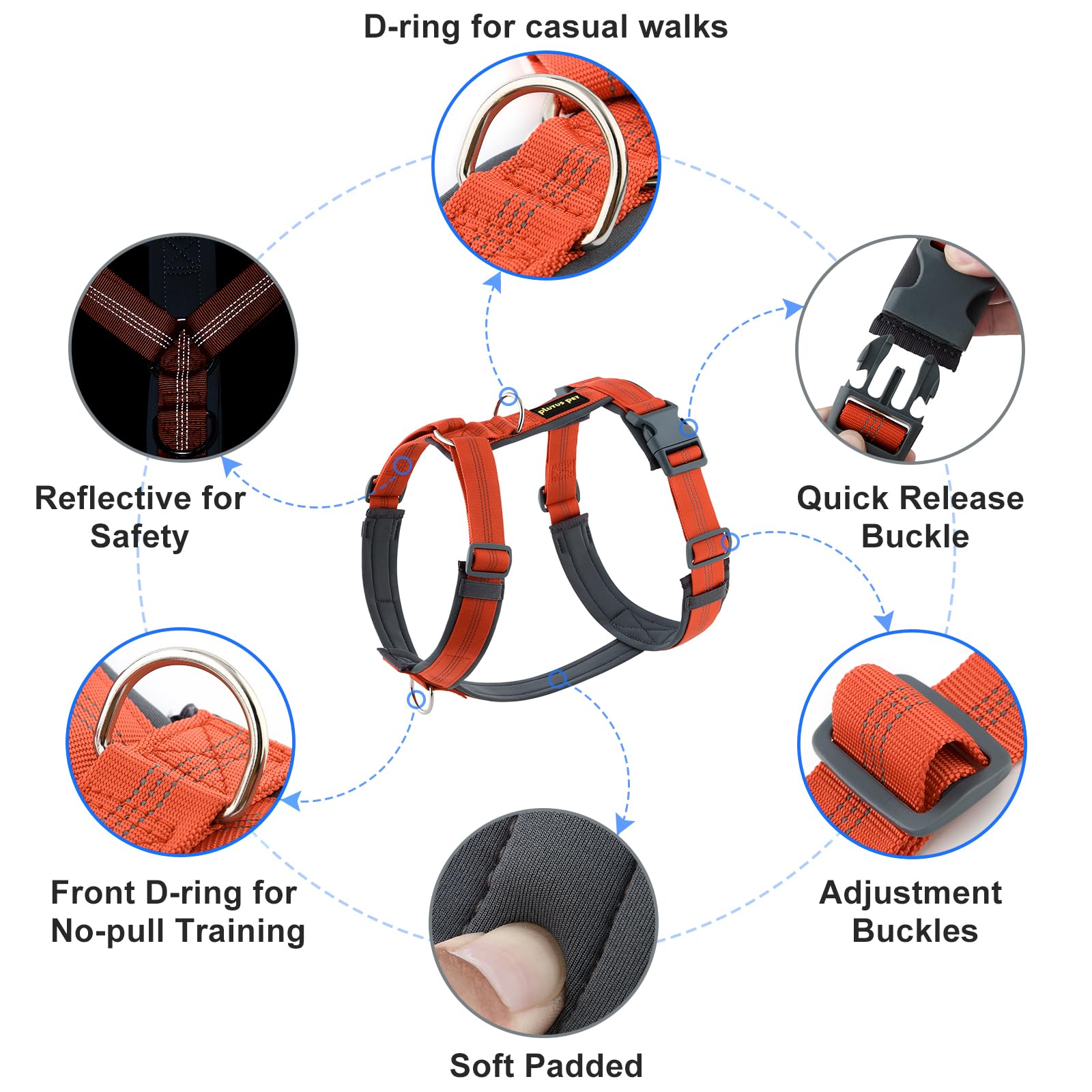 PLUTUS PET No Pull Dog Harness, Adjustable Nylon Harness with Soft Padding, Reflective, Heavy Duty for Large Dogs (Orange, L)