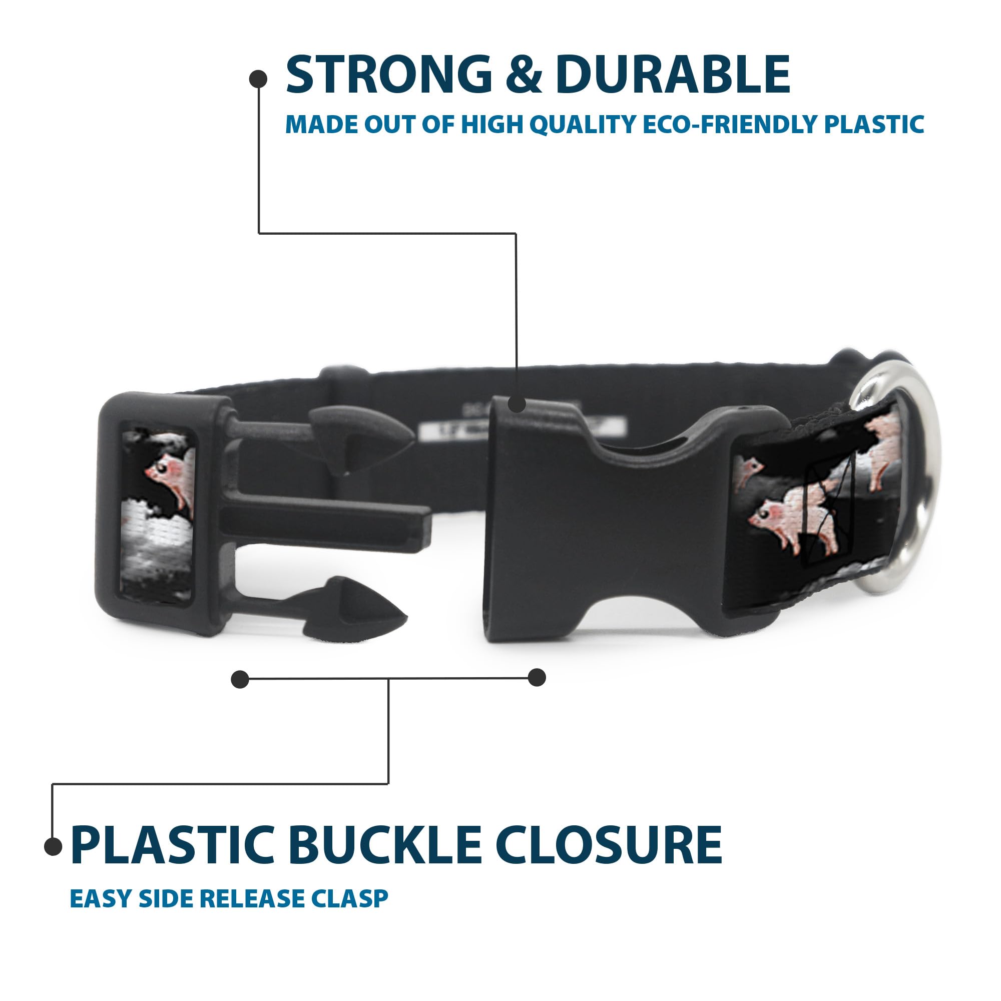 Buckle-Down Pc-W30658-Wl Flying Pigs Black/White/Pink Plastic Clip Collar, Wide Large/18-32''