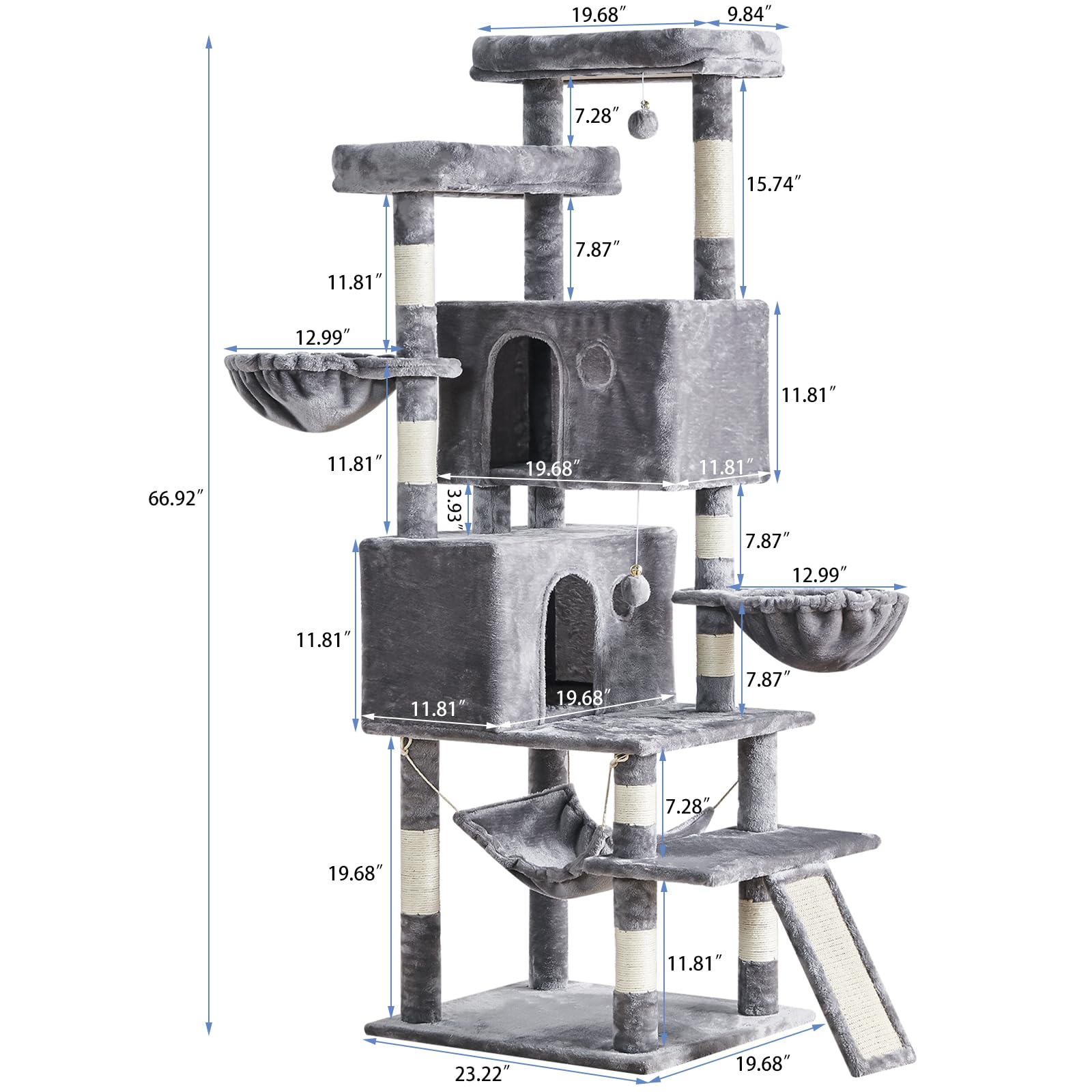 Cat Tree For Indoor Cats Large Adult, 66.9 Inches Multi-Level Tall Cat Tower With Sisal Scratching Posts, Large Plush Perches, S