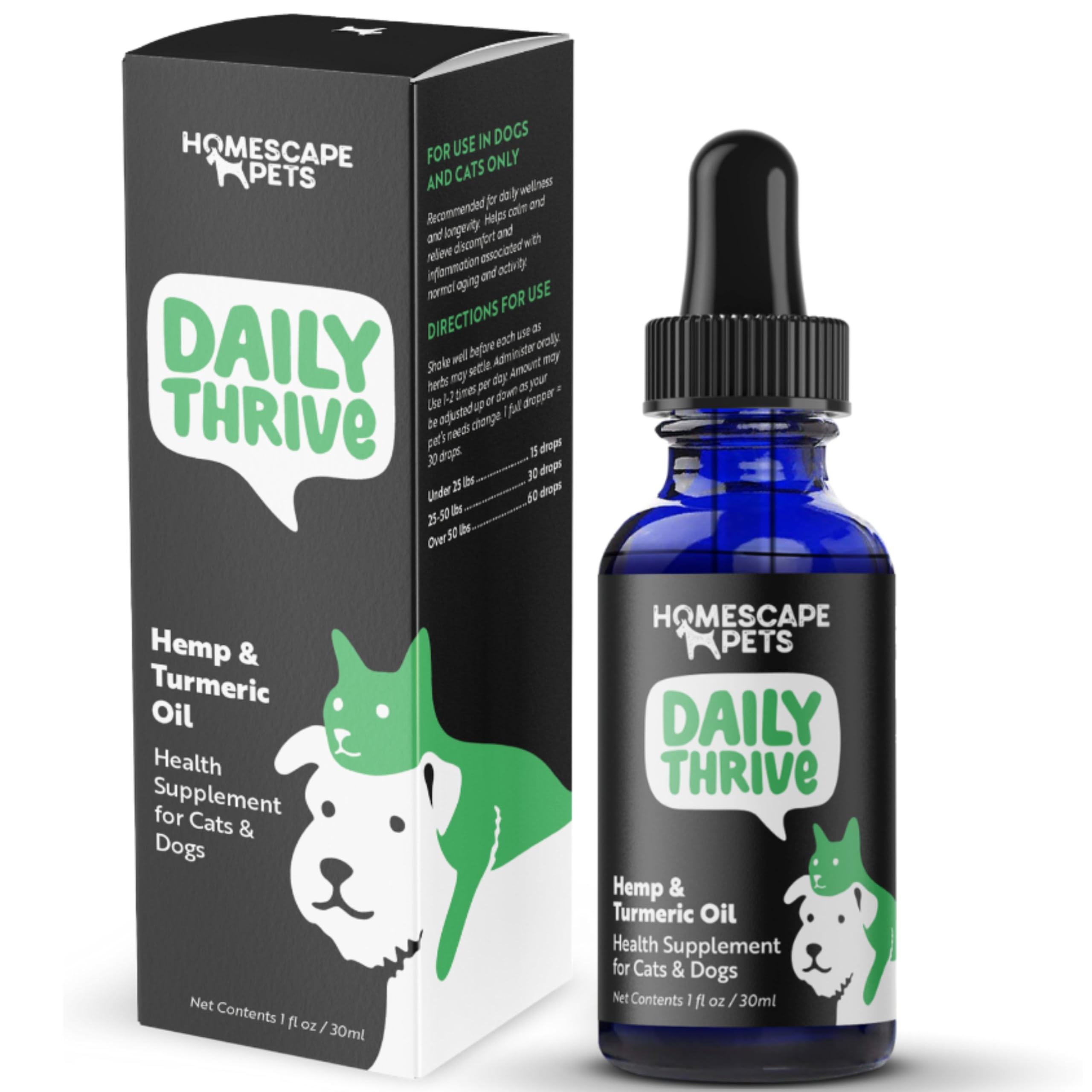 Homescape Pets - Daily Thrive - Hemp & Turmeric Oil for Cats & Dogs - Anti-Inflammatory, Calms Aches & Pain - Enhances Energy, S